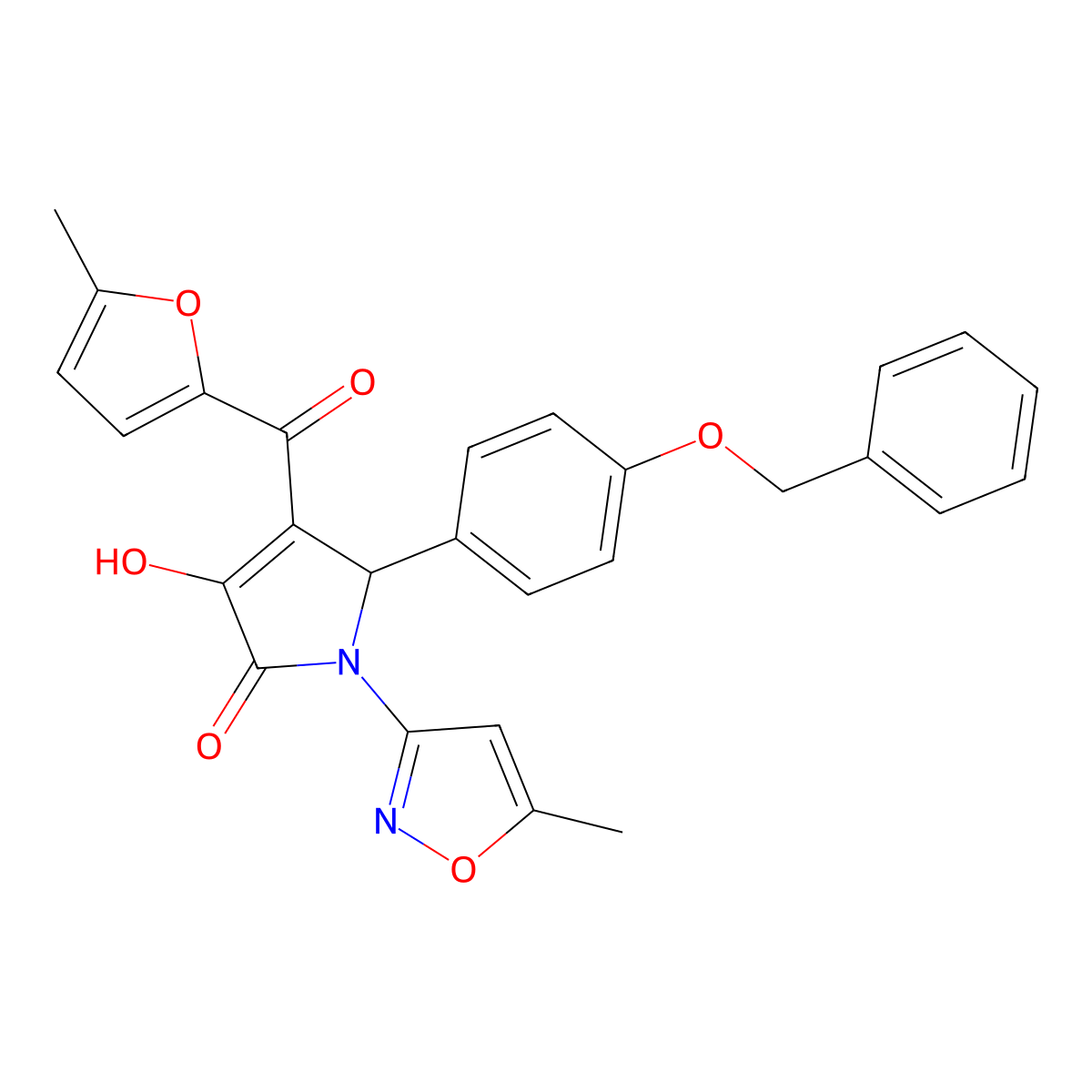 (4E)-5-[4-(benzyloxy)phenyl]-4-[hydroxy(5-methylfuran-2-yl)methylidene]-1-(5-methyl-1,2-oxazol-3-yl)pyrrolidine-2,3-dione molecular structure, CAS 573973-53-2