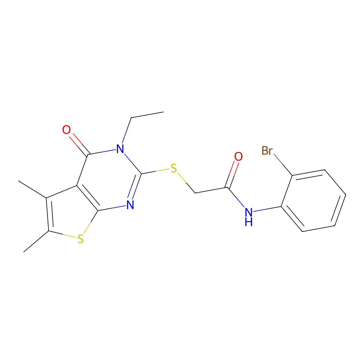 N-(2-Bromophenyl)-2-[(3-ethyl-5,6-dimethyl-4-oxo-3,4-dihydrothieno[2,3-D]pyrimidin-2-YL)sulfanyl]acetamide molecular structure, CAS 573973-71-4