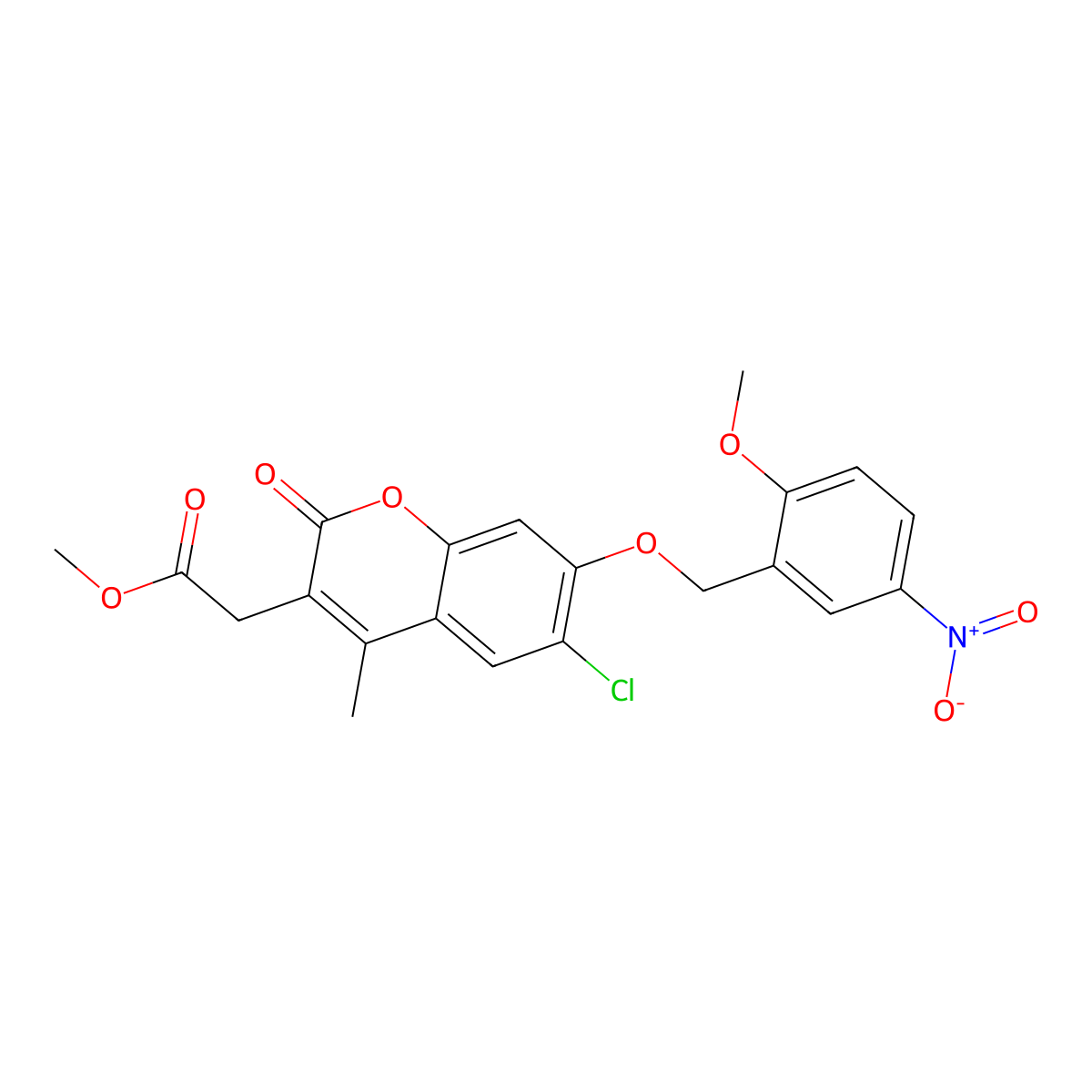Methyl 2-[6-chloro-7-[(2-methoxy-5-nitrophenyl)methoxy]-4-methyl-2-oxochromen-3-yl]acetate molecular structure, CAS 573974-29-5