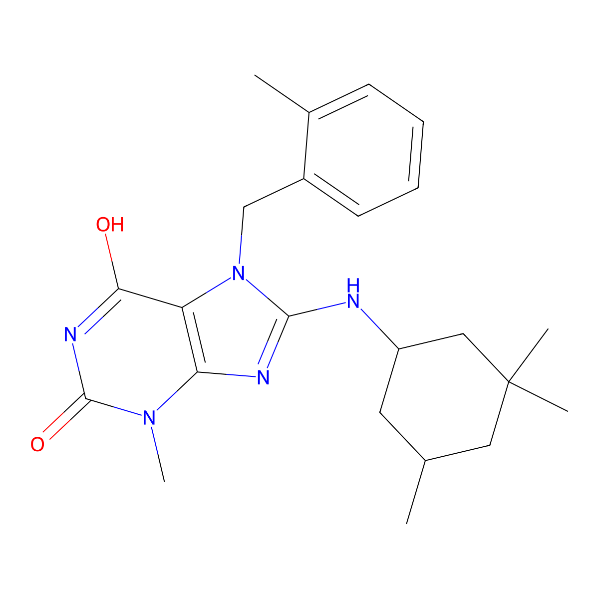 3-methyl-7-(2-methylbenzyl)-8-((3,3,5-trimethylcyclohexyl)amino)-1H-purine-2,6(3H,7H)-dione molecular structure, CAS 573974-51-3