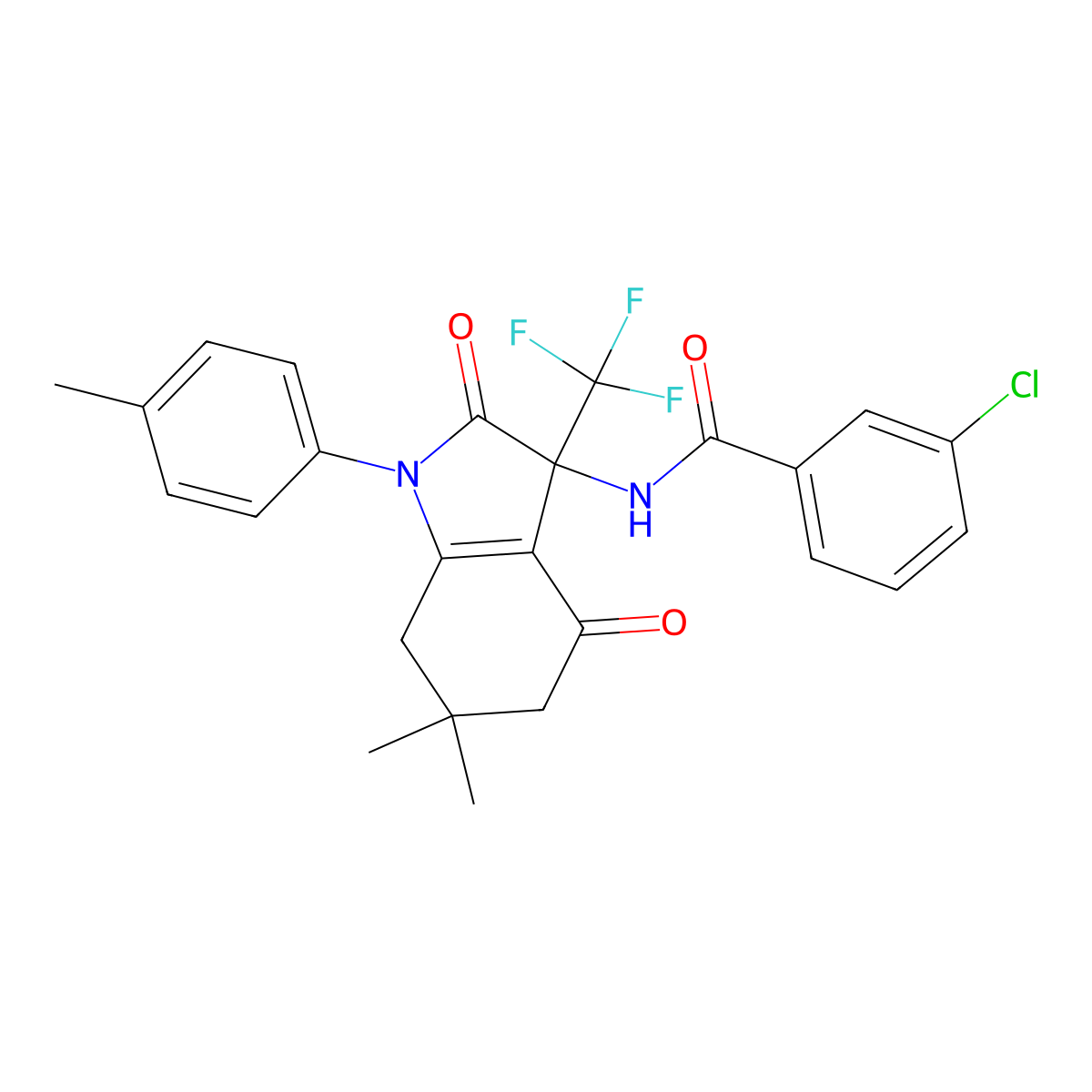 3-chloro-N-[6,6-dimethyl-1-(4-methylphenyl)-2,4-dioxo-3-(trifluoromethyl)-5,7-dihydroindol-3-yl]benzamide molecular structure, CAS 573974-90-0