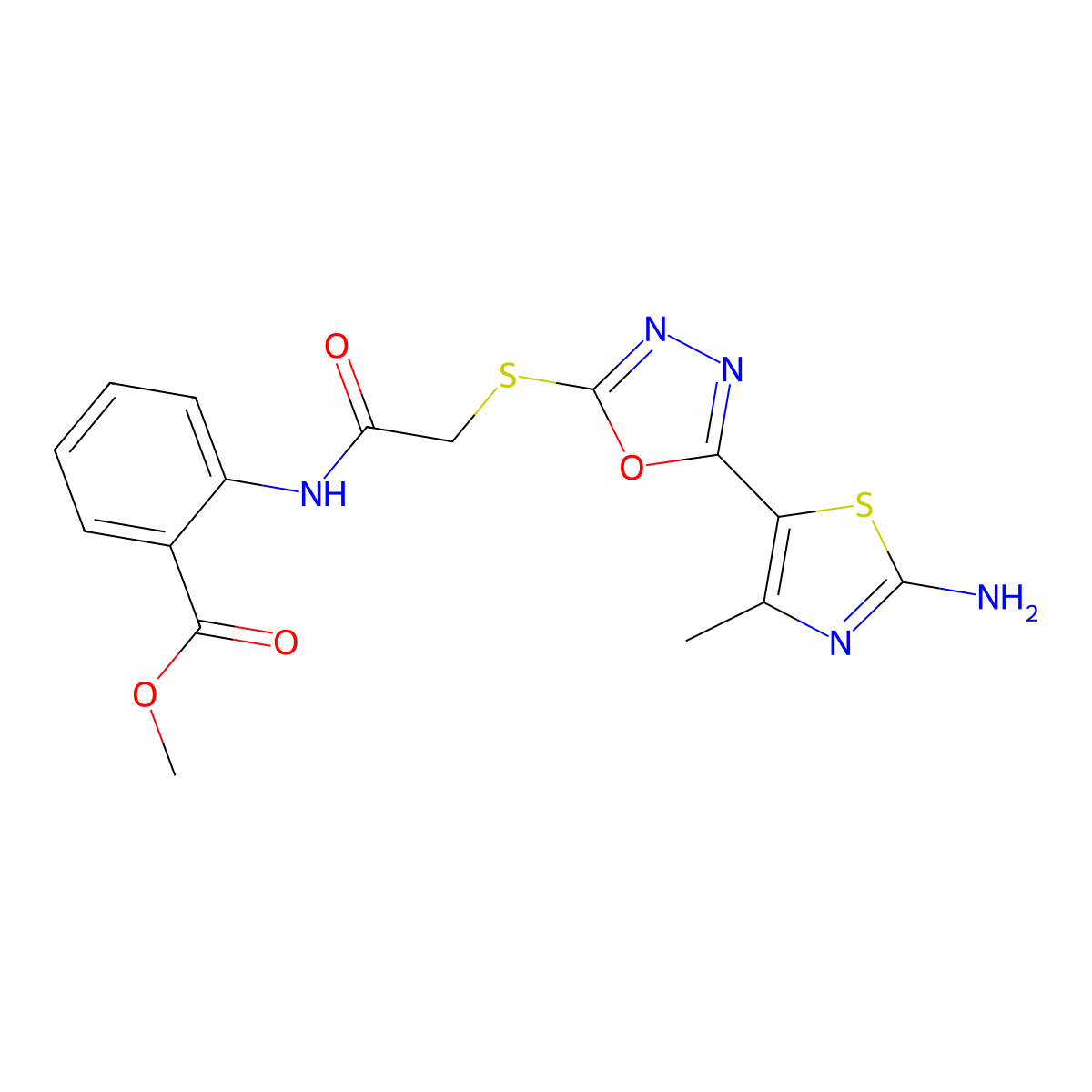 Methyl 2-(2-((5-(2-amino-4-methylthiazol-5-yl)-1,3,4-oxadiazol-2-yl)thio)acetamido)benzoate molecular structure, CAS 573974-92-2