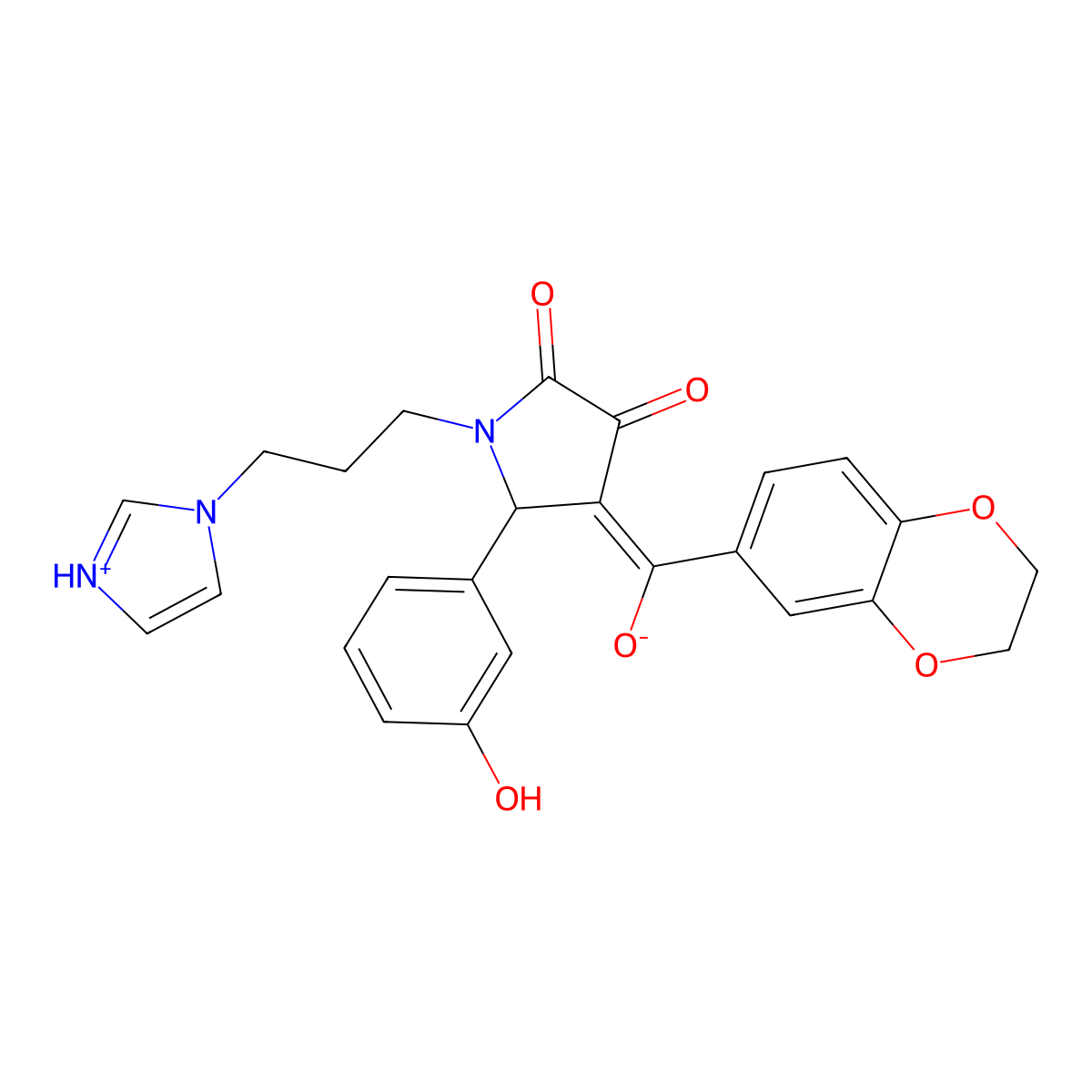 4-(2,3-dihydro-1,4-benzodioxine-6-carbonyl)-3-hydroxy-5-(3-hydroxyphenyl)-1-[3-(1H-imidazol-1-yl)propyl]-2,5-dihydro-1H-pyrrol-2-one molecular structure, CAS 573975-19-6