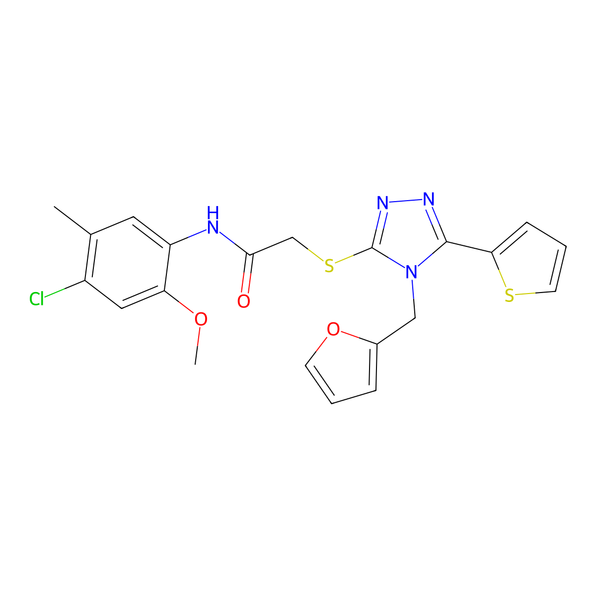 N-(4-chloro-2-methoxy-5-methylphenyl)-2-{[4-(furan-2-ylmethyl)-5-(thiophen-2-yl)-4H-1,2,4-triazol-3-yl]sulfanyl}acetamide molecular structure, CAS 573975-26-5