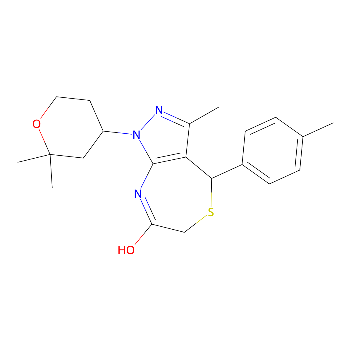1-(2,2-dimethyltetrahydro-2H-pyran-4-yl)-3-methyl-4-(4-methylphenyl)-4,6-dihydro-1H-pyrazolo[3,4-e][1,4]thiazepin-7-ol molecular structure, CAS 573975-32-3