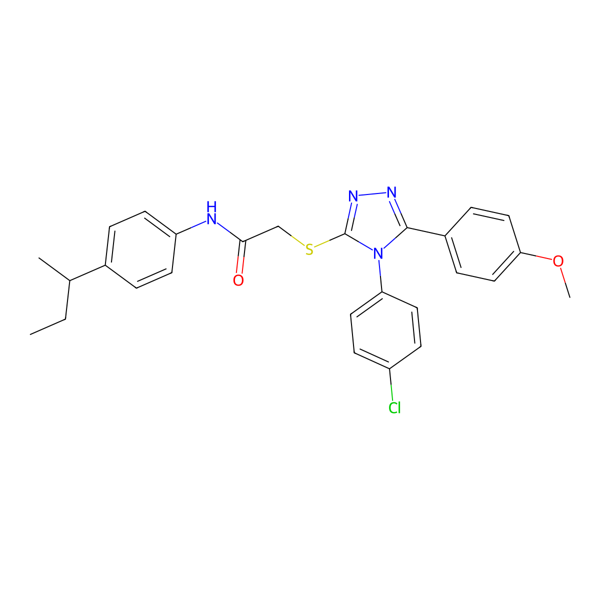 N-[4-(butan-2-yl)phenyl]-2-{[4-(4-chlorophenyl)-5-(4-methoxyphenyl)-4H-1,2,4-triazol-3-yl]sulfanyl}acetamide molecular structure, CAS 573975-36-7