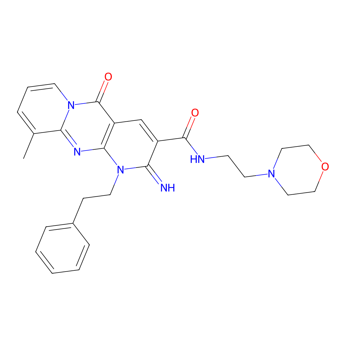 2-Imino-10-methyl-N-[2-(4-morpholinyl)ethyl]-5-oxo-1-(2-phenylethyl)-1,5-dihydro-2H-dipyrido[1,2-A:2,3-D]pyrimidine-3-carboxamide molecular structure, CAS 573975-62-9