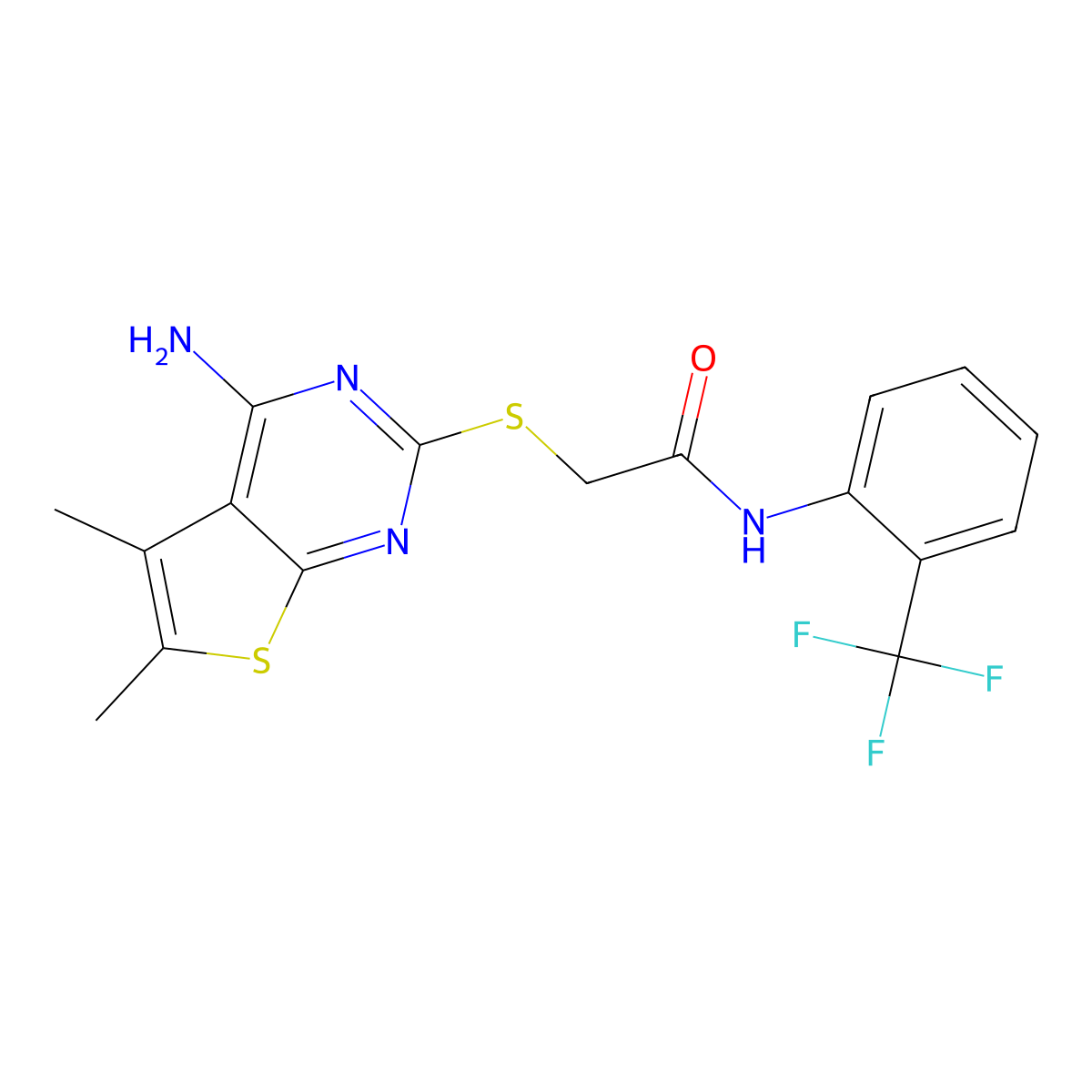 2-((4-amino-5,6-dimethylthieno[2,3-d]pyrimidin-2-yl)thio)-N-(2-(trifluoromethyl)phenyl)acetamide molecular structure, CAS 573975-69-6