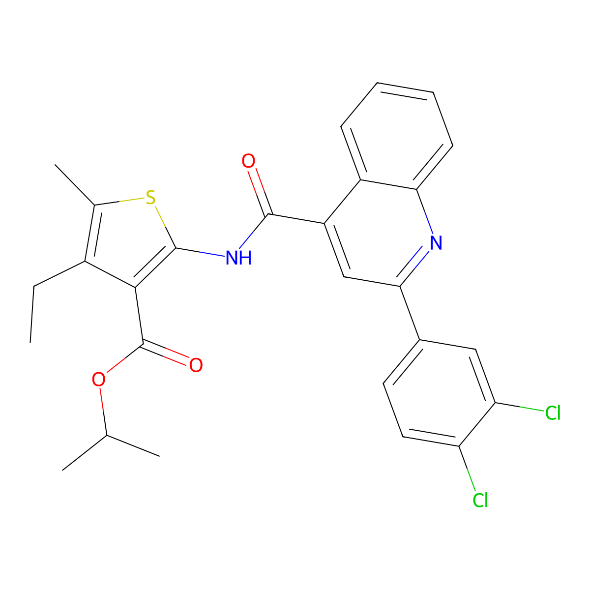 Isopropyl 2-({[2-(3,4-dichlorophenyl)-4-quinolinyl]carbonyl}amino)-4-ethyl-5-methyl-3-thiophenecarboxylate molecular structure, CAS 573996-83-5
