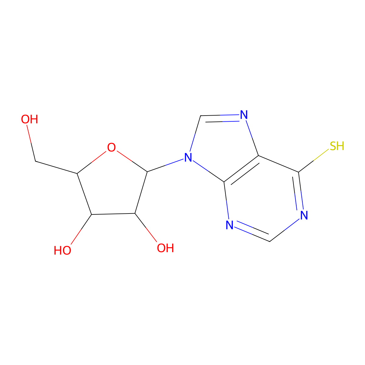 (2R,3S,4R,5R)-2-(hydroxymethyl)-5-(6-sulfanylpurin-9-yl)oxolane-3,4-diol molecular structure, CAS 574-25-4