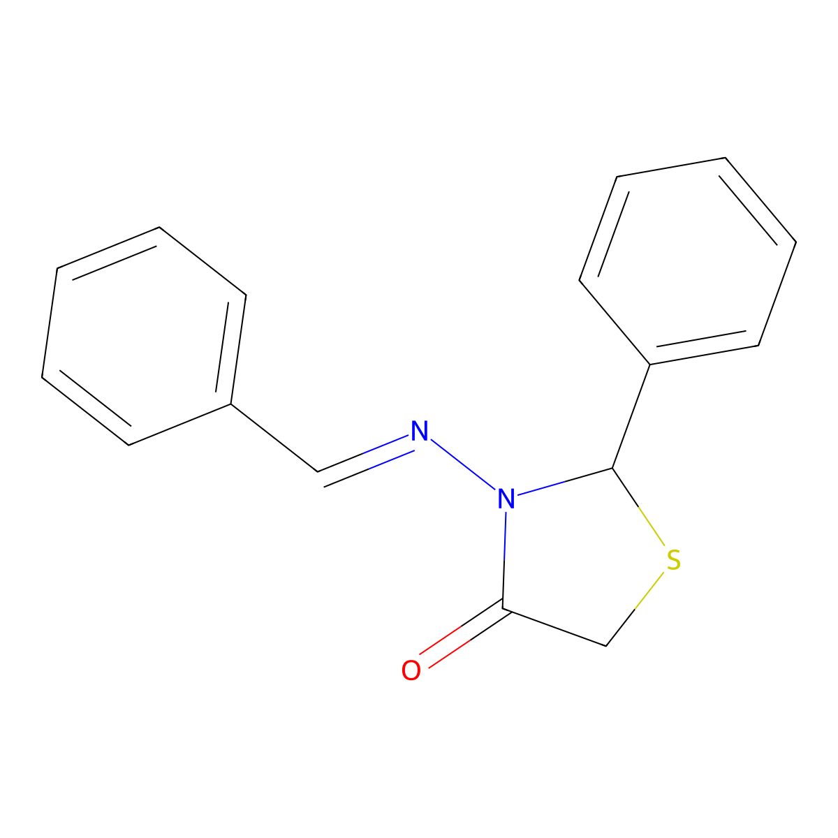 4-Thiazolidinone, 2-phenyl-3-[(phenylmethylene)amino]- molecular structure, CAS 5740-80-7