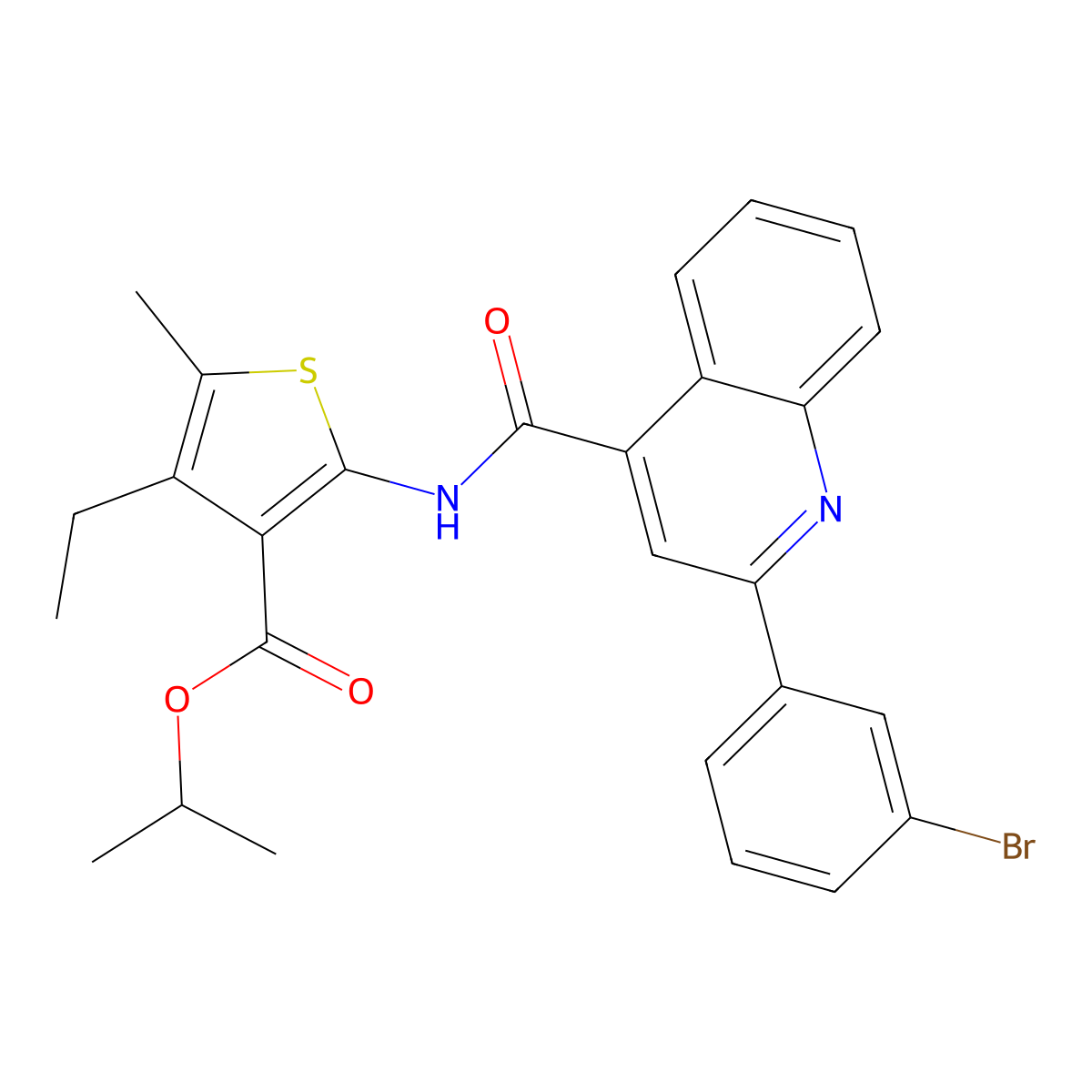 Propan-2-yl 2-[[2-(3-bromophenyl)quinoline-4-carbonyl]amino]-4-ethyl-5-methylthiophene-3-carboxylate molecular structure, CAS 574006-40-9