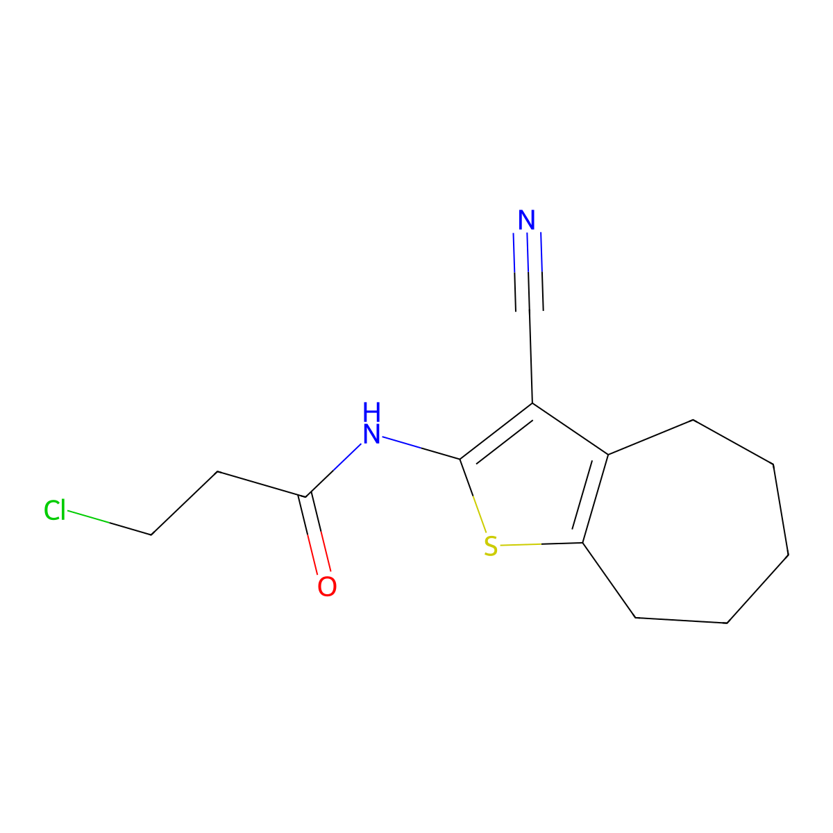 3-chloro-N-{3-cyano-4H,5H,6H,7H,8H-cyclohepta[b]thiophen-2-yl}propanamide molecular structure, CAS 574010-55-2