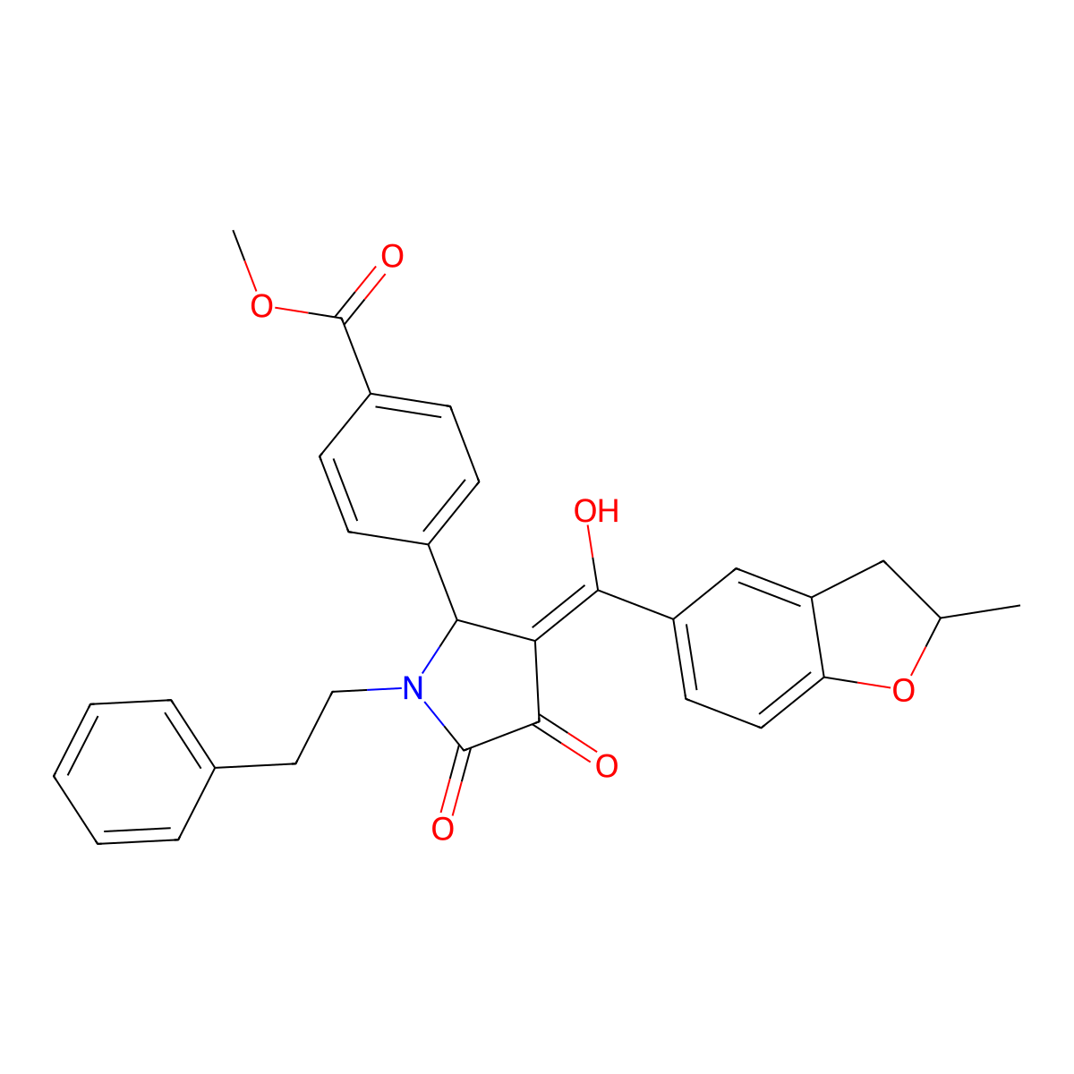 Methyl 4-{3-[hydroxy(2-methyl-2,3-dihydro-1-benzofuran-5-yl)methylidene]-4,5-dioxo-1-(2-phenylethyl)pyrrolidin-2-yl}benzoate molecular structure, CAS 5741-16-2