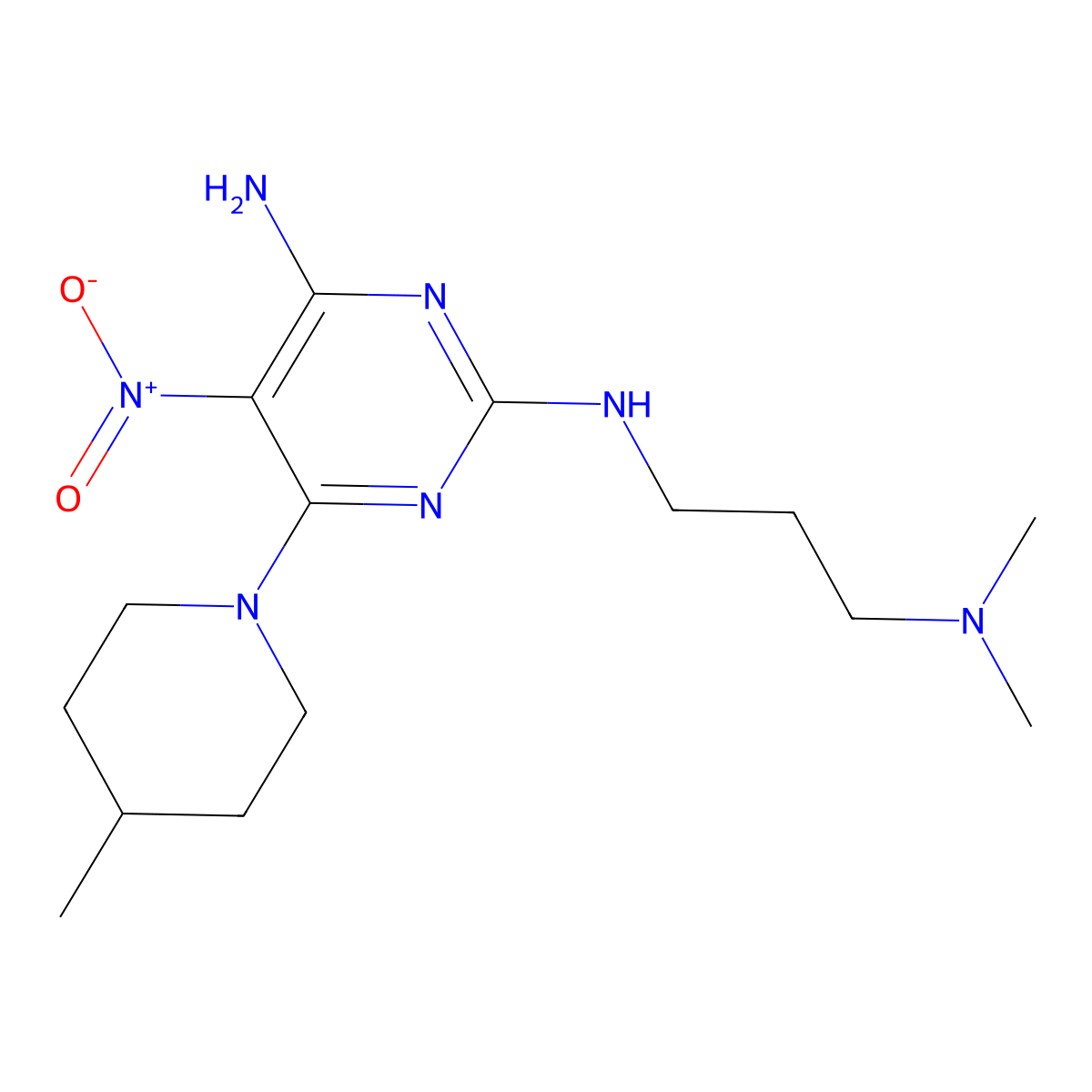 N~2~-[3-(dimethylamino)propyl]-6-(4-methylpiperidin-1-yl)-5-nitropyrimidine-2,4-diamine molecular structure, CAS 5742-09-6