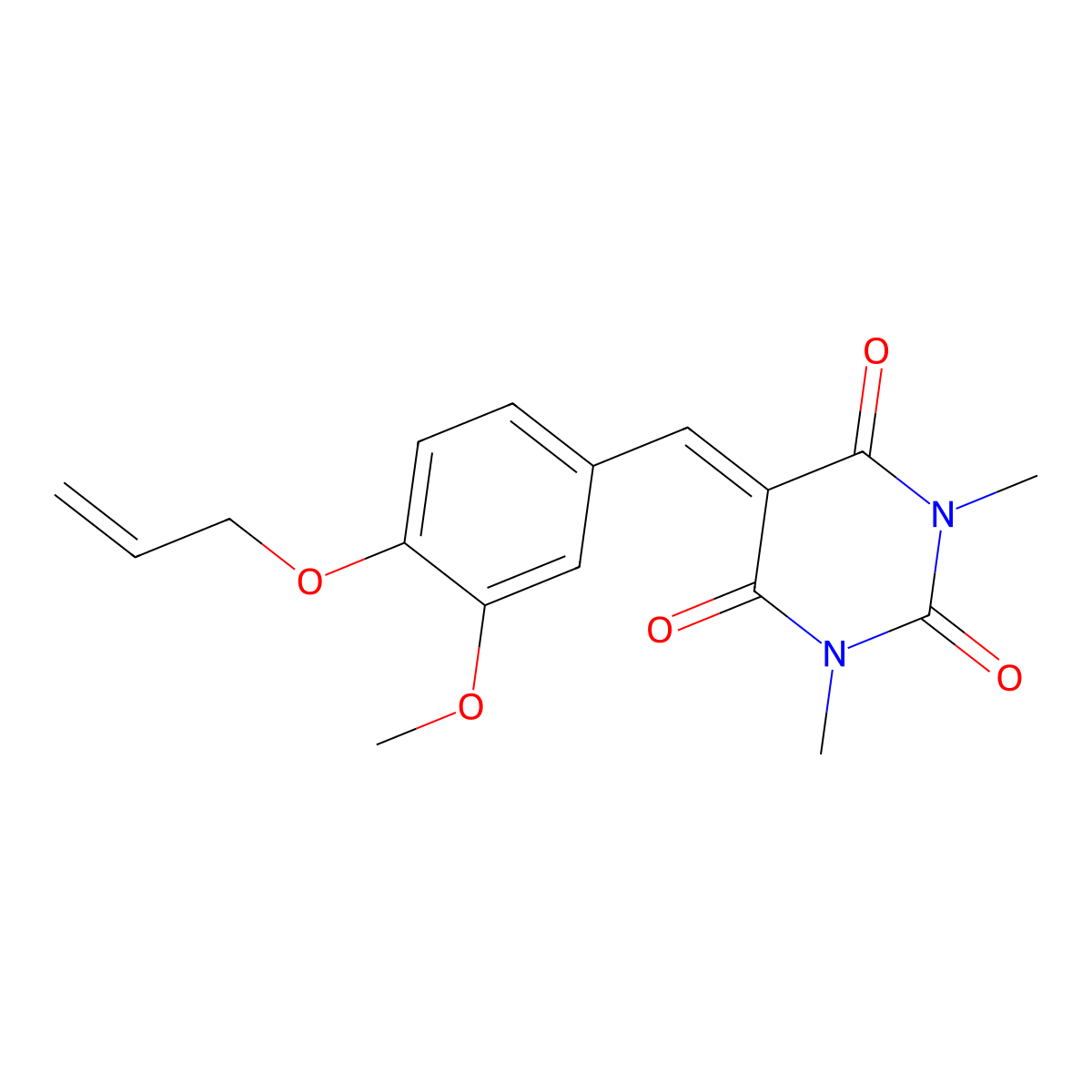 5-[3-methoxy-4-(prop-2-en-1-yloxy)benzylidene]-1,3-dimethylpyrimidine-2,4,6(1H,3H,5H)-trione molecular structure, CAS 5742-28-9