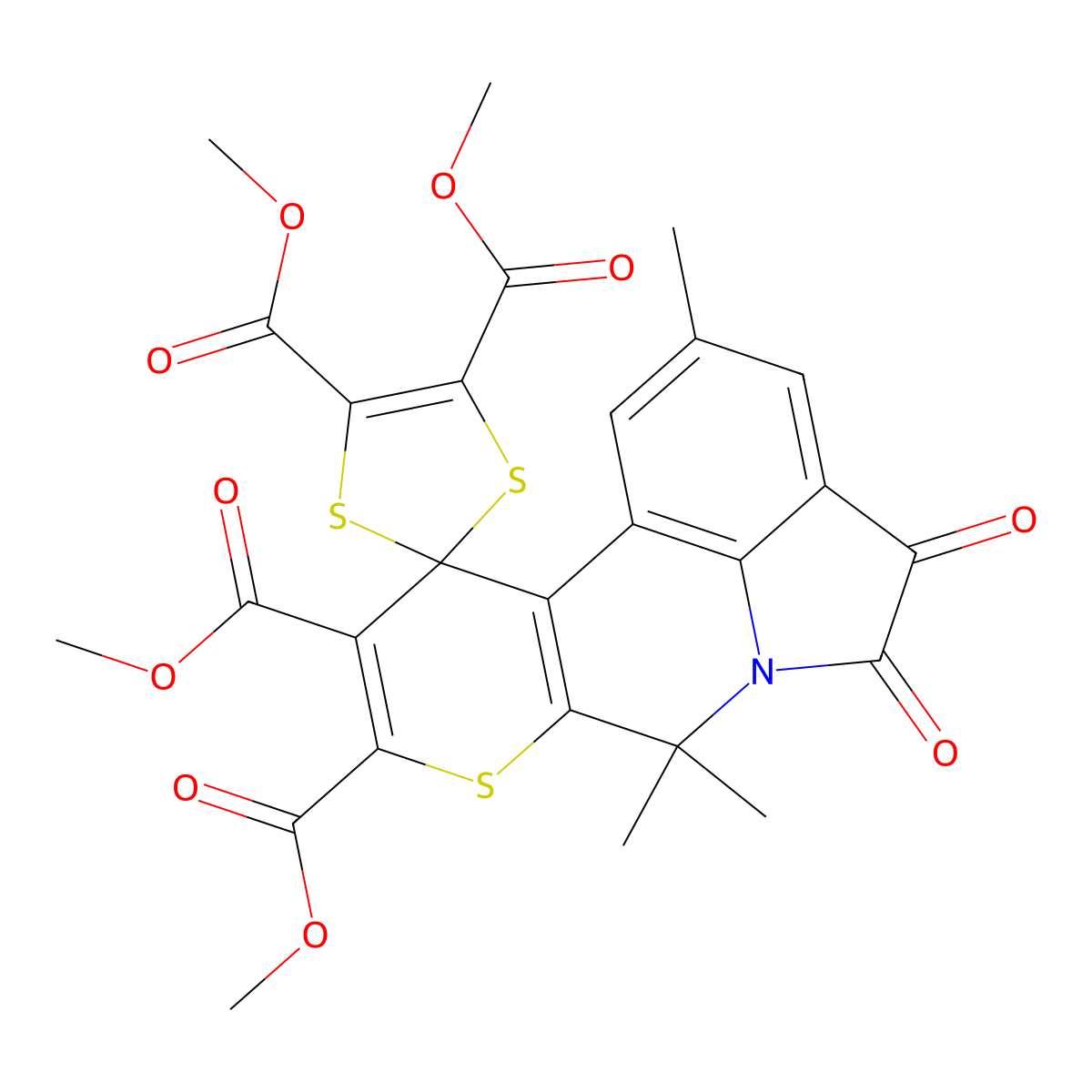 tetramethyl 2',7',7'-trimethyl-4',5'-dioxo-4',5'-dihydro-7'H-spiro[1,3-dithiole-2,11'-pyrrolo[3,2,1-ij]thiopyrano[2,3-c]quinoline]-4,5,9',10'-tetracarboxylate molecular structure, CAS 5742-96-1