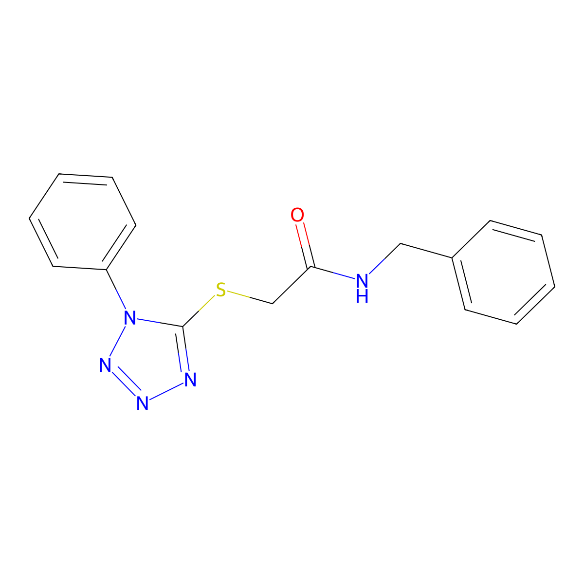 N-benzyl-2-(1-phenyltetrazol-5-yl)sulfanylacetamide molecular structure, CAS 5743-84-0