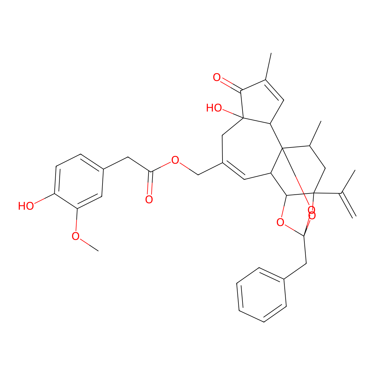 (13-Benzyl-6-hydroxy-4,17-dimethyl-5-oxo-15-prop-1-en-2-yl-12,14,18-trioxapentacyclo[11.4.1.01,10.02,6.011,15]octadeca-3,8-dien-8-yl)methyl 2-(4-hydroxy-3-methoxyphenyl)acetate molecular structure, CAS 57444-62-9