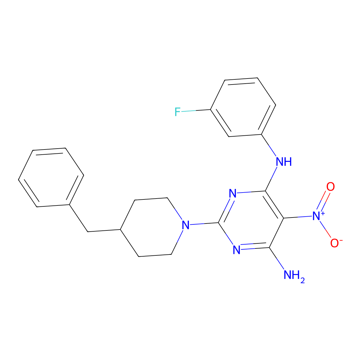 2-(4-Benzylpiperidin-1-yl)-N~4~-(3-fluorophenyl)-5-nitropyrimidine-4,6-diamine molecular structure, CAS 5749-21-3