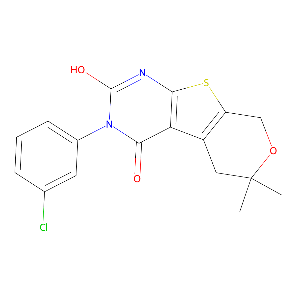 3-(3-chlorophenyl)-6,6-dimethyl-5,6-dihydro-1H-pyrano[4',3':4,5]thieno[2,3-d]pyrimidine-2,4(3H,8H)-dione molecular structure, CAS 5750-43-6