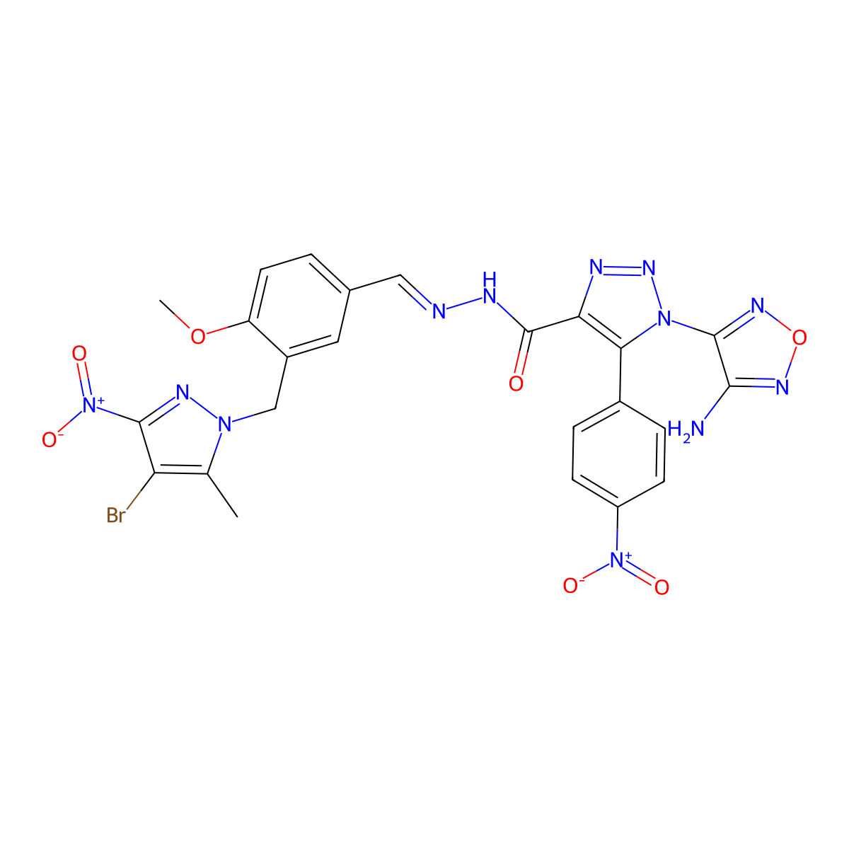 1-(4-amino-1,2,5-oxadiazol-3-yl)-N-[[3-[(4-bromo-5-methyl-3-nitropyrazol-1-yl)methyl]-4-methoxyphenyl]methylideneamino]-5-(4-nitrophenyl)triazole-4-carboxamide molecular structure, CAS 5750-67-4