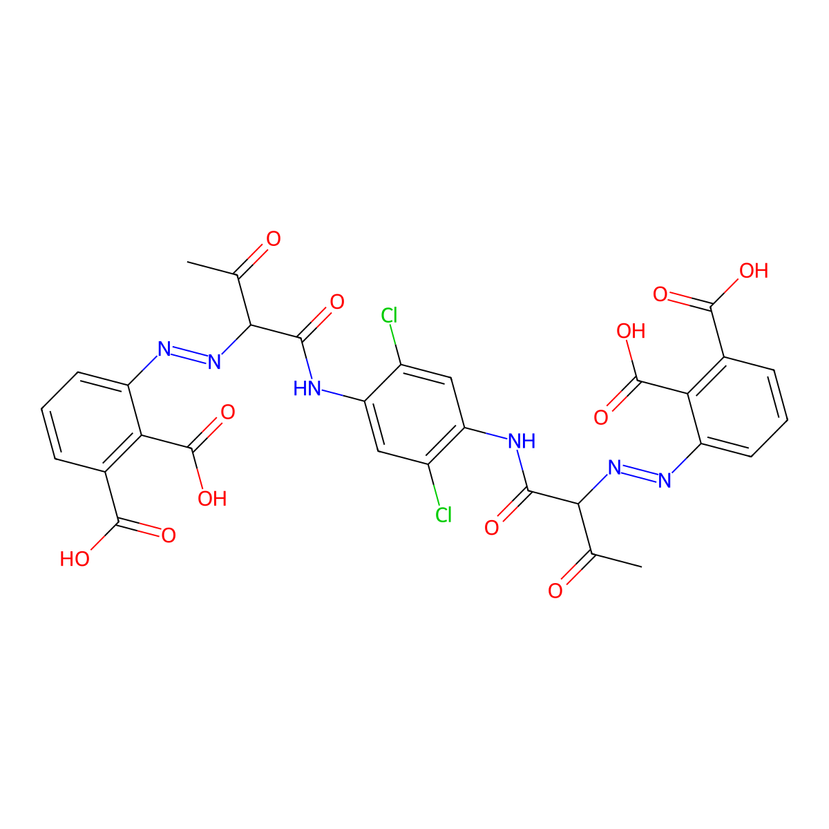 1,2-Benzenedicarboxylic acid, 3,3'-[(2,5-dichloro-1,4-phenylene)bis[imino(1-acetyl-2-oxo-2,1-ethanediyl)-2,1-diazenediyl]]bis- molecular structure, CAS 57532-26-0