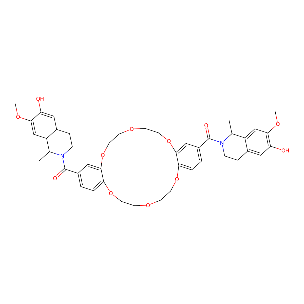 (6-Hydroxy-7-methoxy-1-methyl-3,4,4a,8a-tetrahydro-1H-isoquinolin-2-yl)-[25-(6-hydroxy-7-methoxy-1-methyl-3,4-dihydro-1H-isoquinoline-2-carbonyl)-2,5,8,15,18,21-hexaoxatricyclo[20.4.0.09,14]hexacosa-1(22),9(14),10,12,23,25-hexaen-11-yl]methanone molecular structure, CAS 5754-59-6