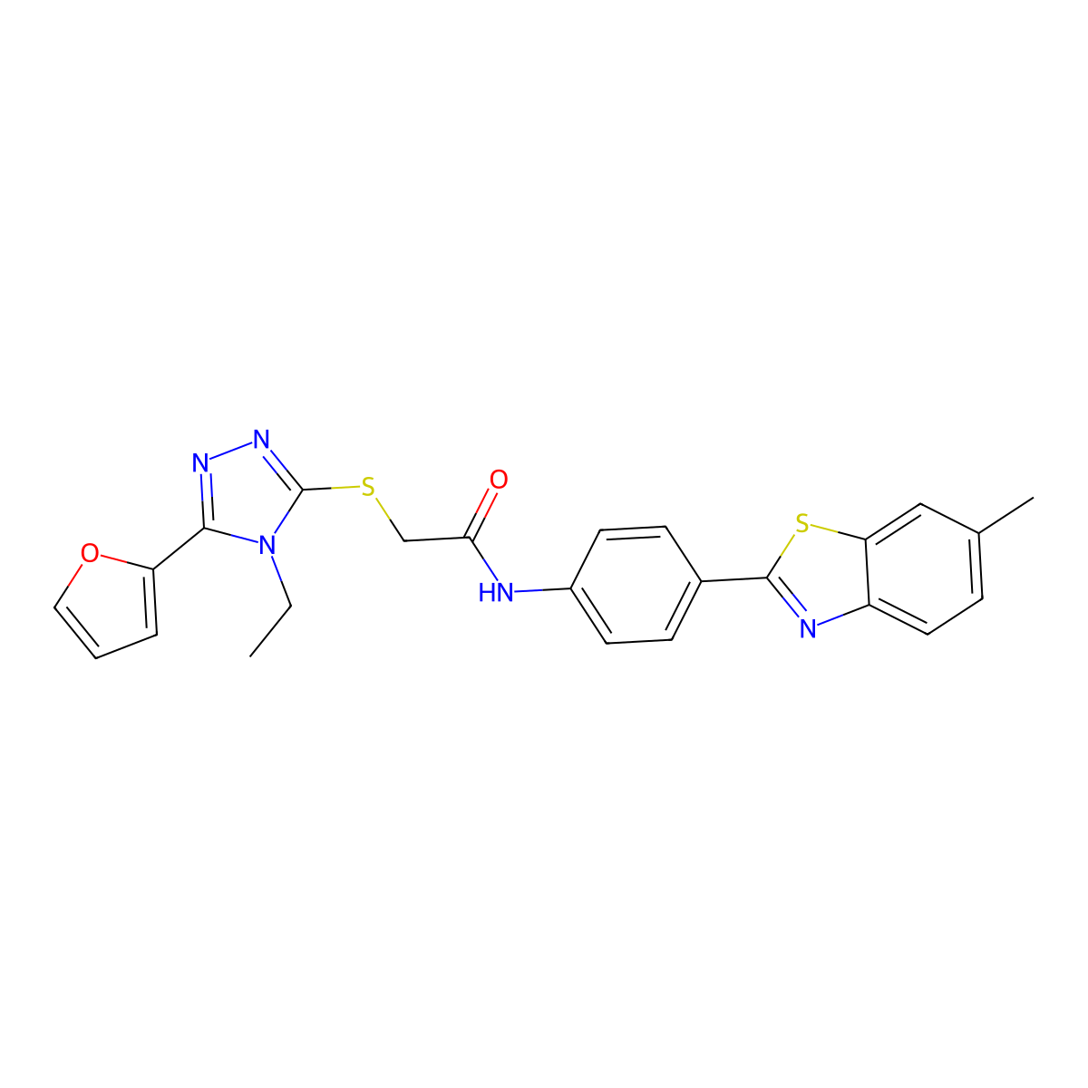 2-((4-Ethyl-5-(2-furyl)-4H-1,2,4-triazol-3-yl)sulfanyl)-n-(4-(6-methyl-1,3-benzothiazol-2-yl)phenyl)acetamide molecular structure, CAS 575458-89-8