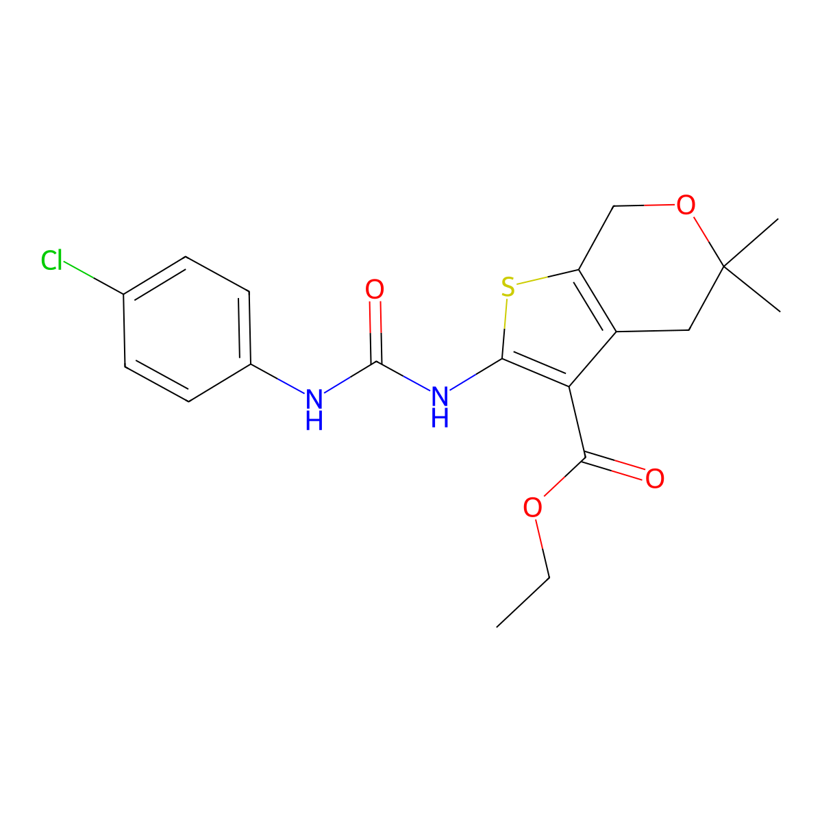 Ethyl 2-[(4-chlorophenyl)carbamoylamino]-5,5-dimethyl-4,7-dihydrothieno[2,3-c]pyran-3-carboxylate molecular structure, CAS 575458-94-5