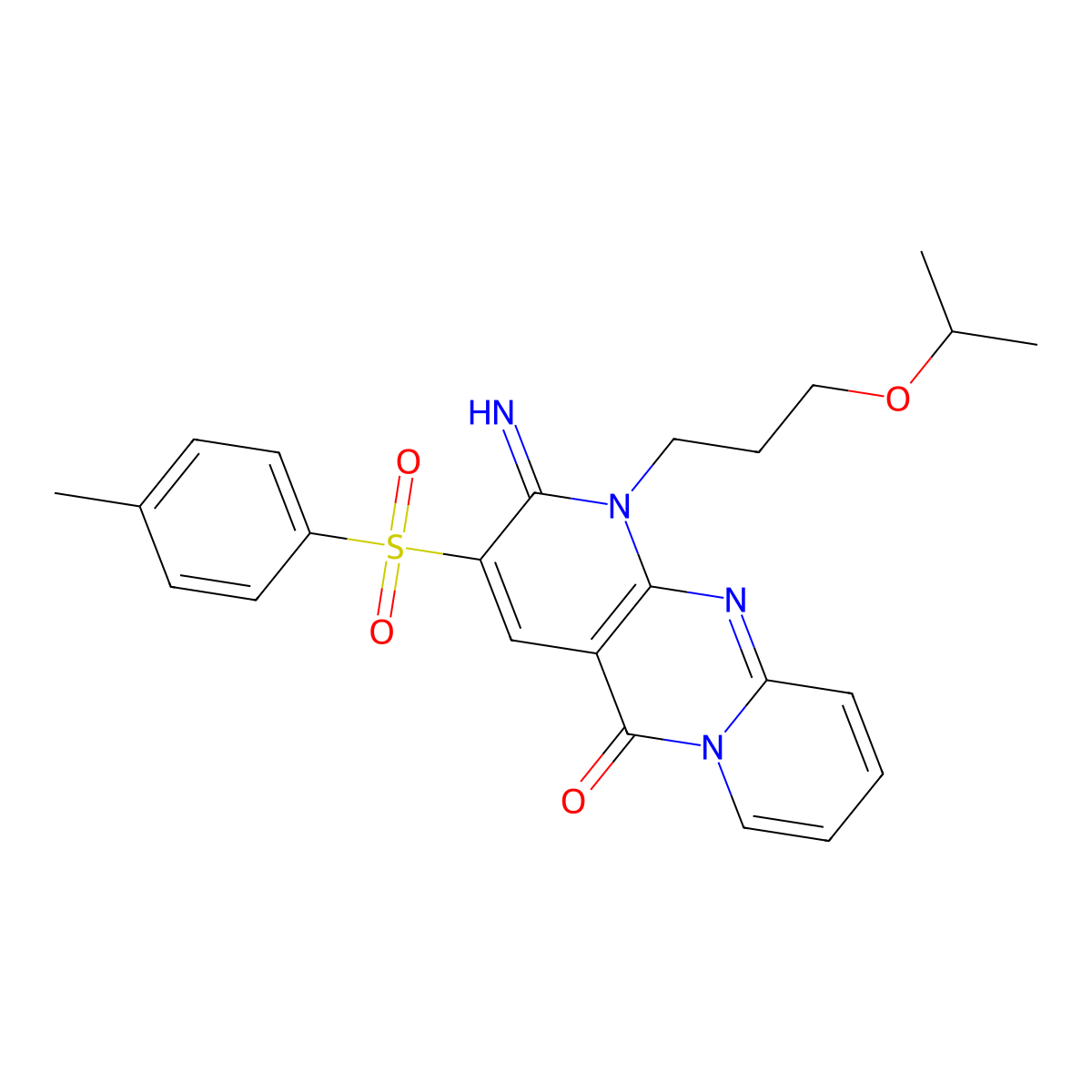 2-imino-1-(3-isopropoxypropyl)-3-[(4-methylphenyl)sulfonyl]-1,2-dihydro-5H-dipyrido[1,2-a:2,3-d]pyrimidin-5-one molecular structure, CAS 575459-48-2