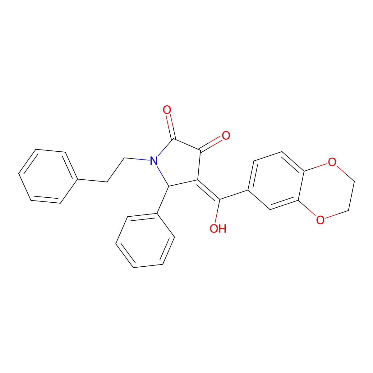 4-(2,3-dihydro-1,4-benzodioxine-6-carbonyl)-3-hydroxy-5-phenyl-1-(2-phenylethyl)-2,5-dihydro-1H-pyrrol-2-one molecular structure, CAS 575459-91-5