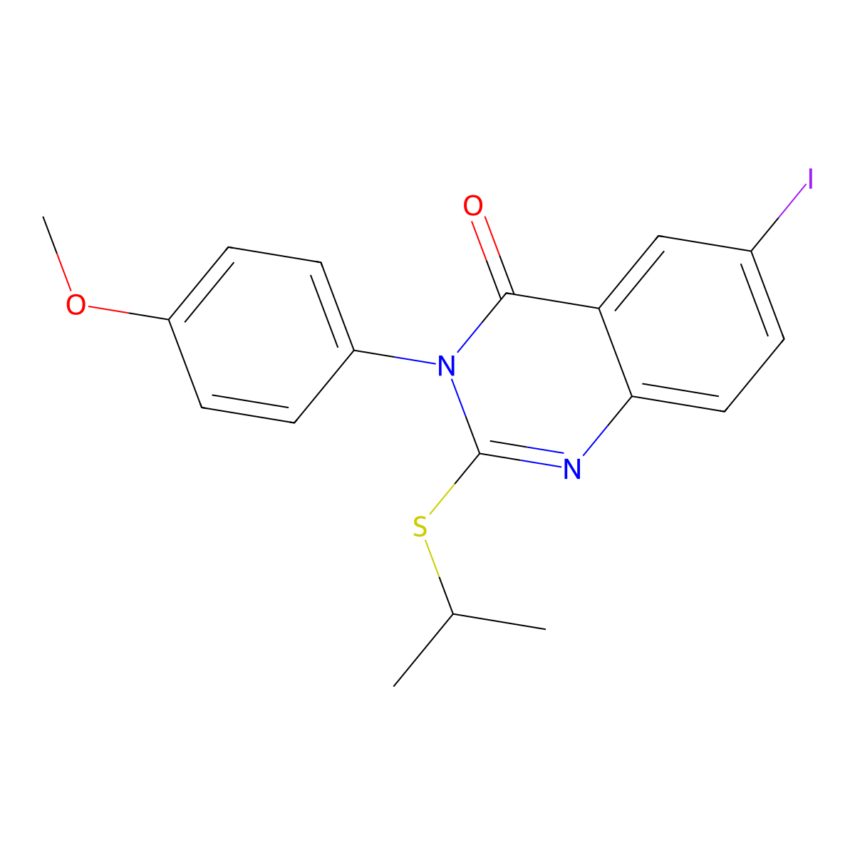 6-Iodo-3-(4-methoxyphenyl)-2-propan-2-ylsulfanylquinazolin-4-one molecular structure, CAS 575459-95-9