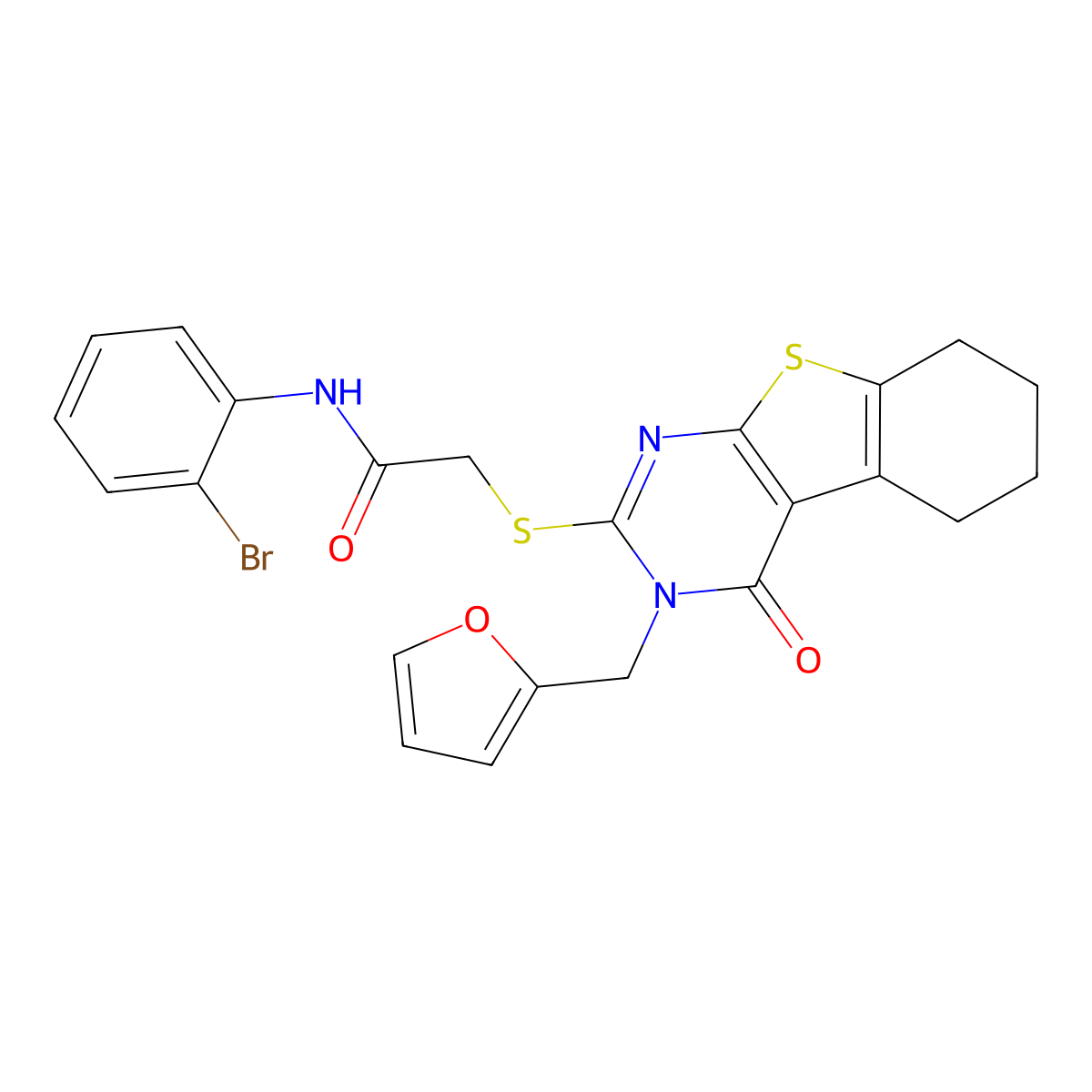 N-(2-bromophenyl)-2-{[3-(furan-2-ylmethyl)-4-oxo-3,4,5,6,7,8-hexahydro[1]benzothieno[2,3-d]pyrimidin-2-yl]sulfanyl}acetamide molecular structure, CAS 575461-04-0