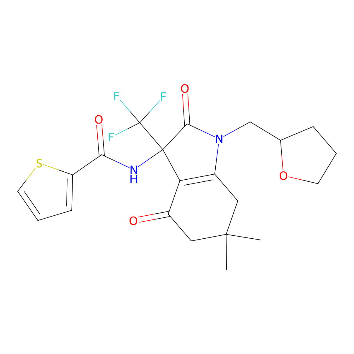 N-[6,6-dimethyl-2,4-dioxo-1-(oxolan-2-ylmethyl)-3-(trifluoromethyl)-5,7-dihydroindol-3-yl]thiophene-2-carboxamide molecular structure, CAS 575461-32-4