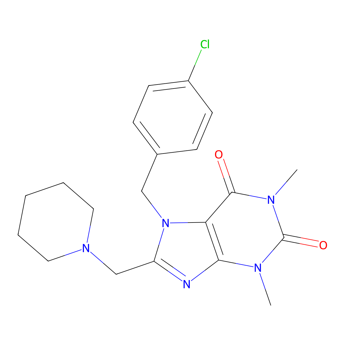 7-(4-chlorobenzyl)-1,3-dimethyl-8-(piperidin-1-ylmethyl)-3,7-dihydro-1H-purine-2,6-dione molecular structure, CAS 575461-86-8