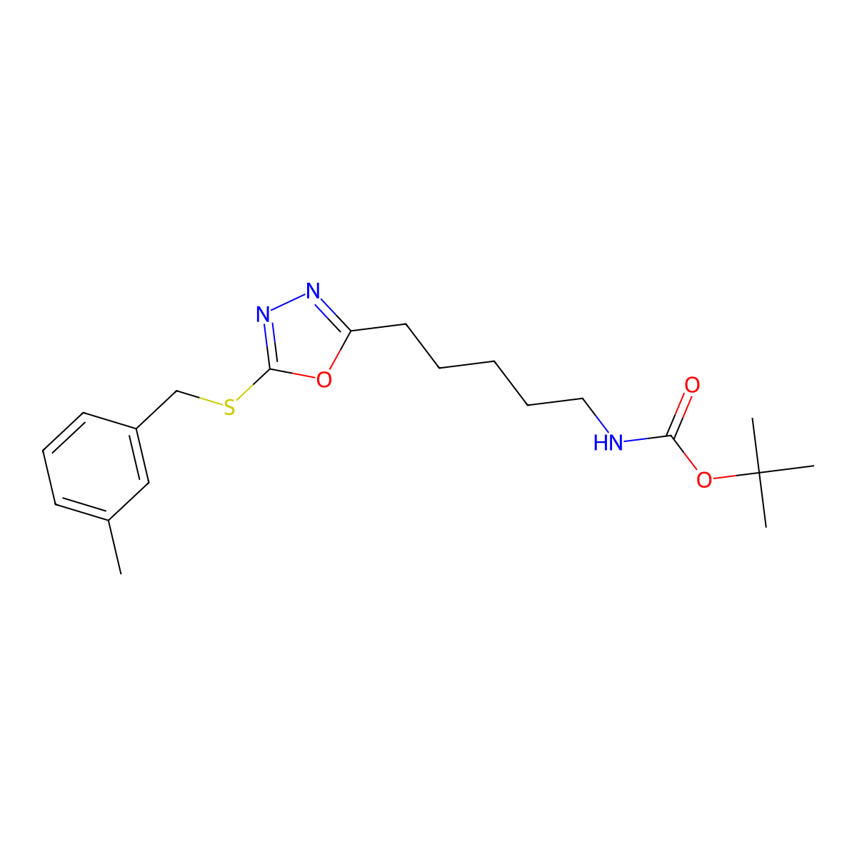 tert-butyl N-[5-[5-[(3-methylphenyl)methylsulfanyl]-1,3,4-oxadiazol-2-yl]pentyl]carbamate molecular structure, CAS 575461-90-4
