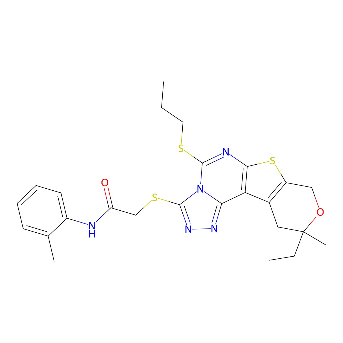 2-[(14-ethyl-14-methyl-7-propylsulfanyl-13-oxa-10-thia-3,4,6,8-tetrazatetracyclo[7.7.0.02,6.011,16]hexadeca-1(9),2,4,7,11(16)-pentaen-5-yl)sulfanyl]-N-(2-methylphenyl)acetamide molecular structure, CAS 575462-26-9