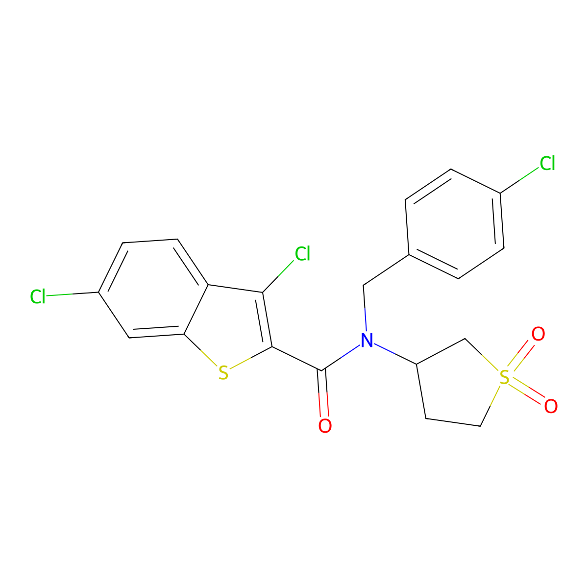 3,6-dichloro-N-(4-chlorobenzyl)-N-(1,1-dioxidotetrahydrothiophen-3-yl)-1-benzothiophene-2-carboxamide molecular structure, CAS 575462-41-8