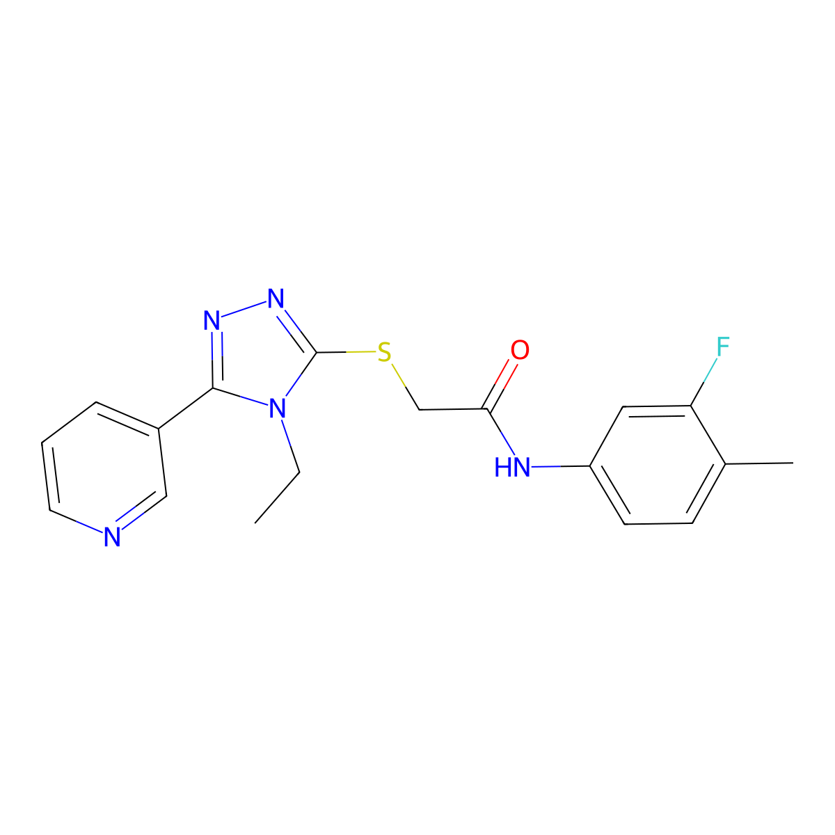2-{[4-Ethyl-5-(3-pyridinyl)-4H-1,2,4-triazol-3-YL]sulfanyl}-N-(3-fluoro-4-methylphenyl)acetamide molecular structure, CAS 575462-71-4