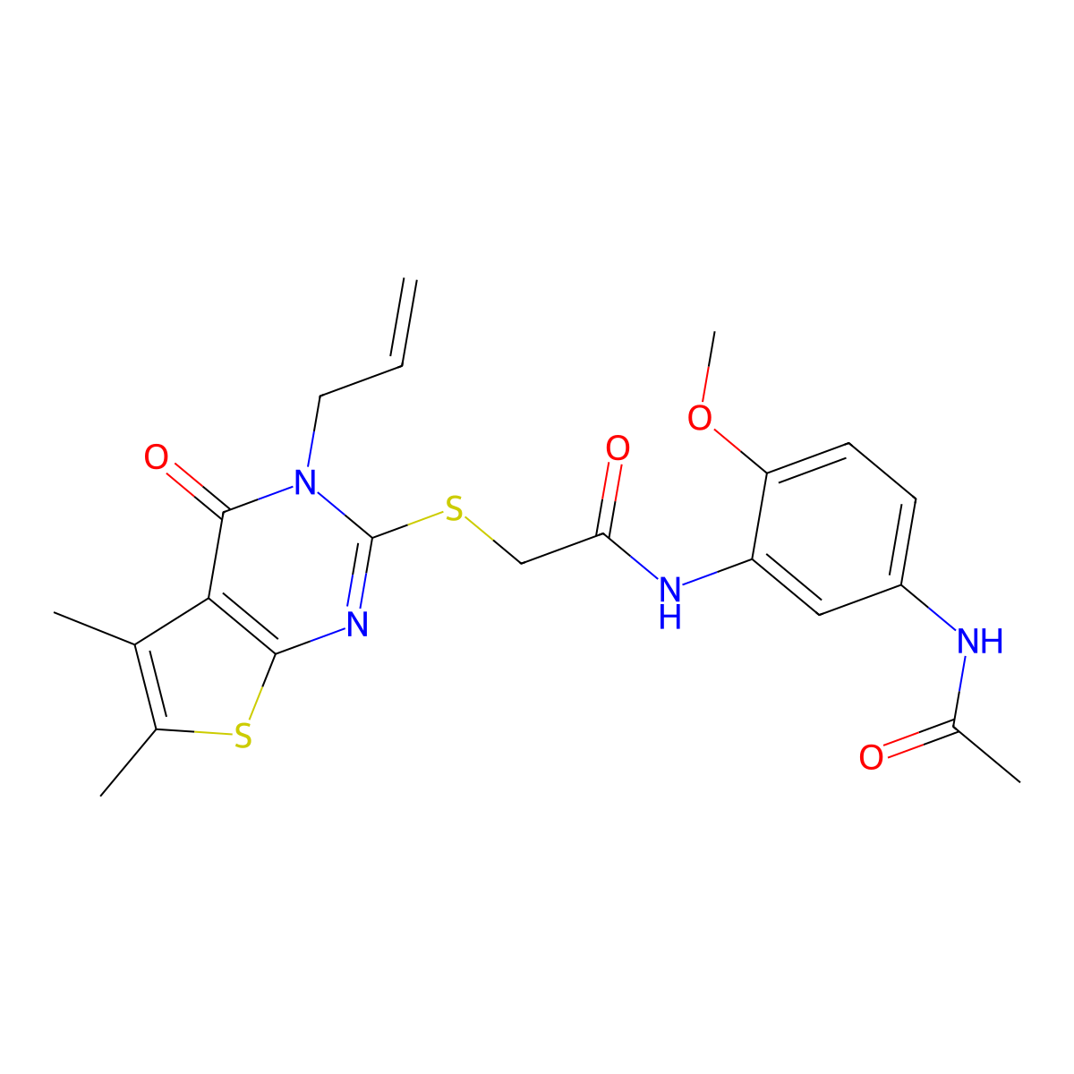 N-[5-(acetylamino)-2-methoxyphenyl]-2-{[5,6-dimethyl-4-oxo-3-(prop-2-en-1-yl)-3,4-dihydrothieno[2,3-d]pyrimidin-2-yl]sulfanyl}acetamide molecular structure, CAS 575463-04-6
