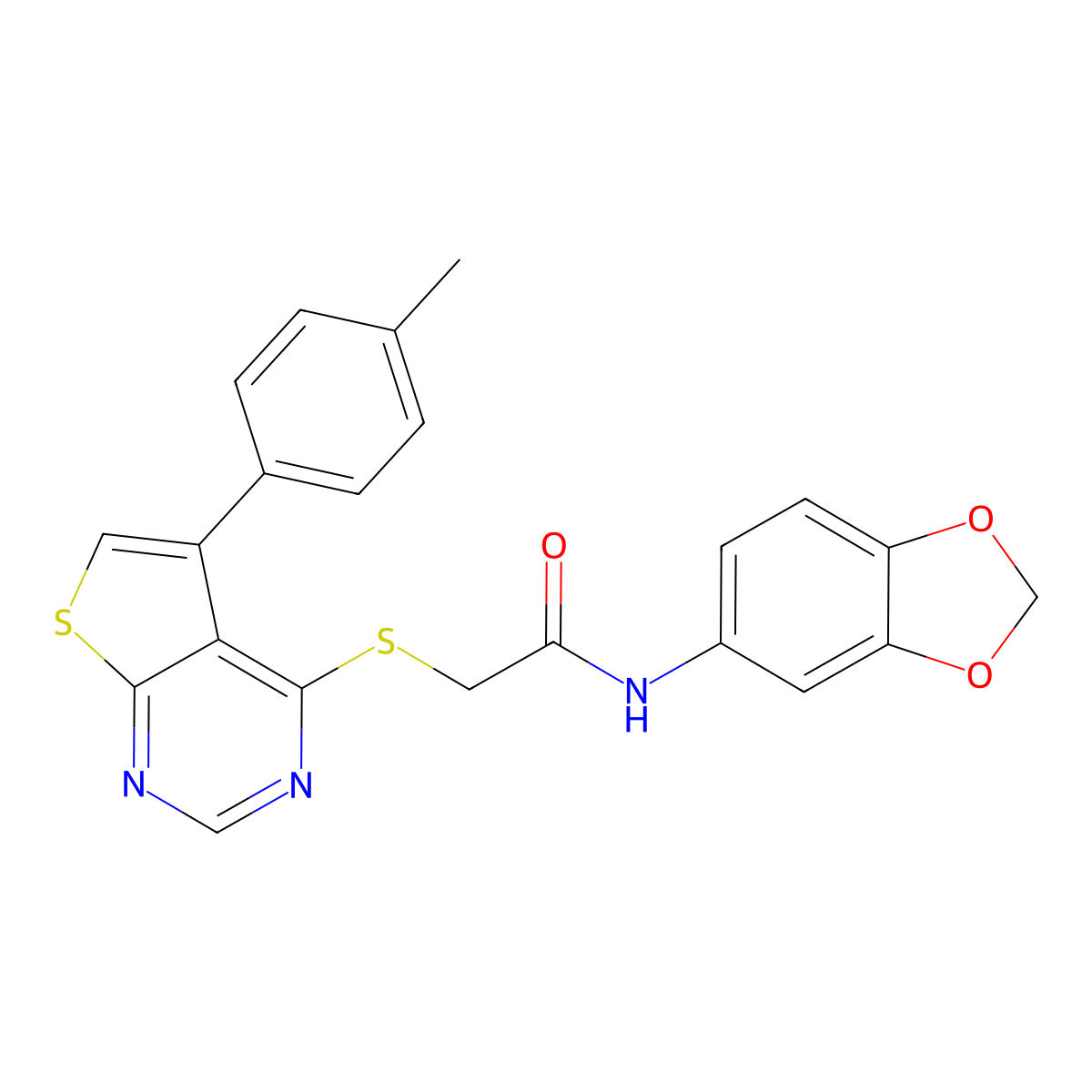 N-(1,3-benzodioxol-5-yl)-2-{[5-(4-methylphenyl)thieno[2,3-d]pyrimidin-4-yl]sulfanyl}acetamide molecular structure, CAS 575463-16-0