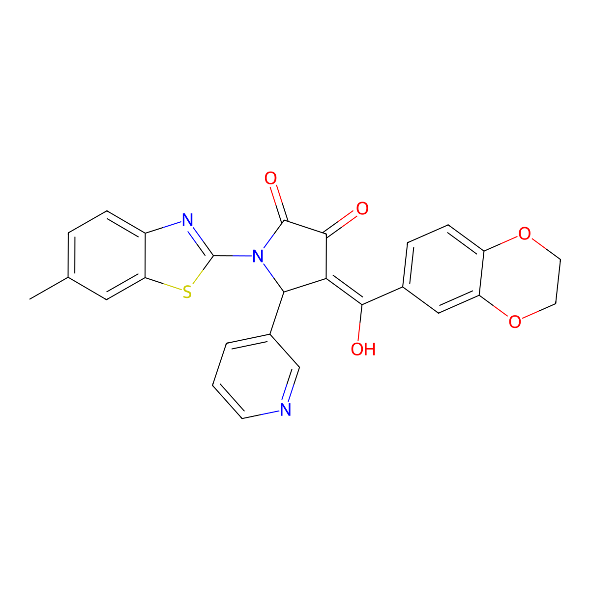 4-(2,3-dihydro-1,4-benzodioxine-6-carbonyl)-3-hydroxy-1-(6-methyl-1,3-benzothiazol-2-yl)-5-(pyridin-3-yl)-2,5-dihydro-1H-pyrrol-2-one molecular structure, CAS 575463-27-3