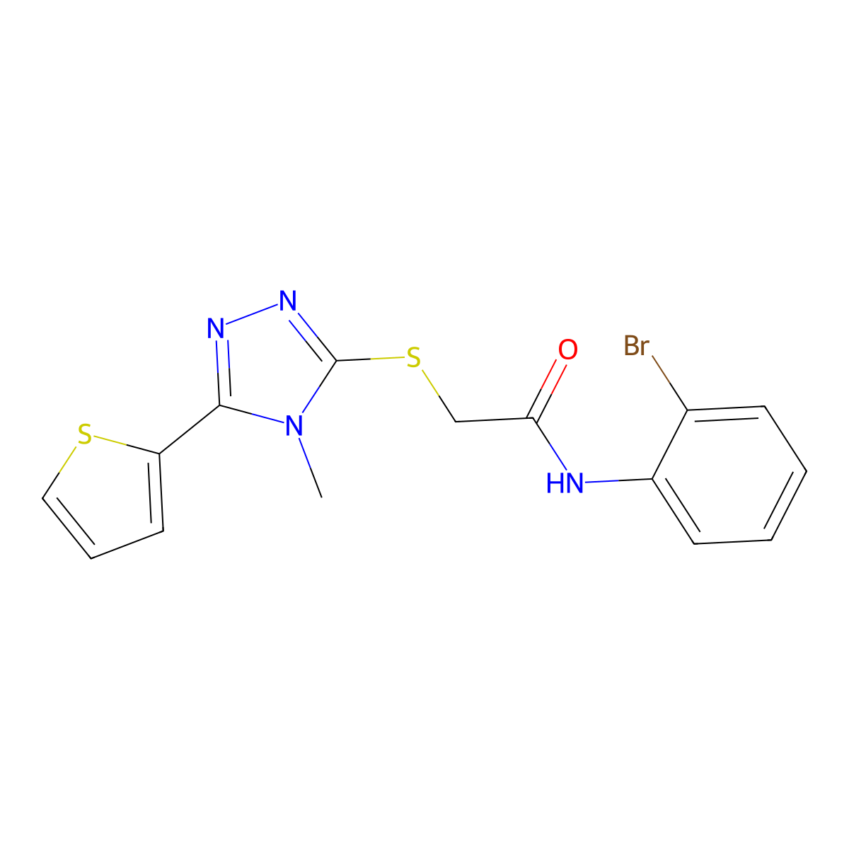 N-(2-bromophenyl)-2-{[4-methyl-5-(thiophen-2-yl)-4H-1,2,4-triazol-3-yl]sulfanyl}acetamide molecular structure, CAS 575463-70-6
