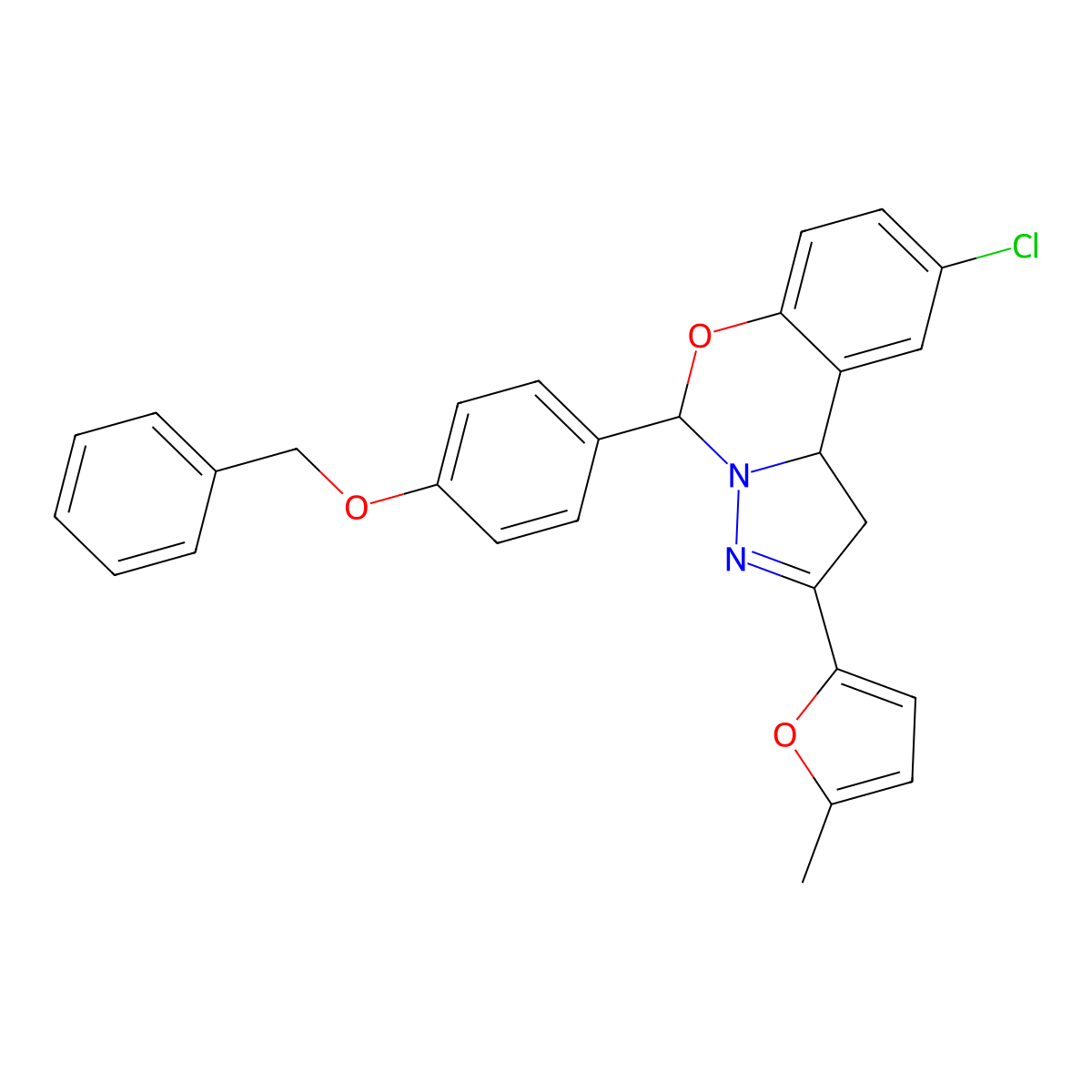 5-[4-(Benzyloxy)phenyl]-9-chloro-2-(5-methylfuran-2-yl)-1,10b-dihydropyrazolo[1,5-c][1,3]benzoxazine molecular structure, CAS 575465-59-7
