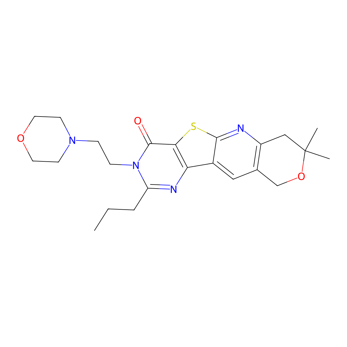 8,8-dimethyl-3-(2-morpholinoethyl)-2-propyl-7,8-dihydro-3H-pyrano[3'',4'':5',6']pyrido[3',2':4,5]thieno[3,2-d]pyrimidin-4(10H)-one molecular structure, CAS 575465-66-6
