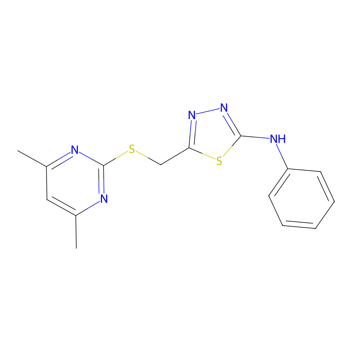 {5-[(4,6-Dimethylpyrimidin-2-ylthio)methyl](1,3,4-thiadiazol-2-yl)}phenylamine molecular structure, CAS 575465-90-6