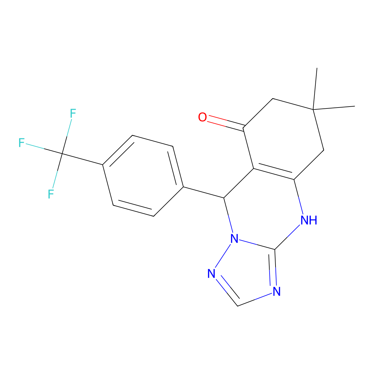 6,6-dimethyl-9-(4-(trifluoromethyl)phenyl)-5,6,7,9-tetrahydro-[1,2,4]triazolo[5,1-b]quinazolin-8(4H)-one molecular structure, CAS 575466-19-2