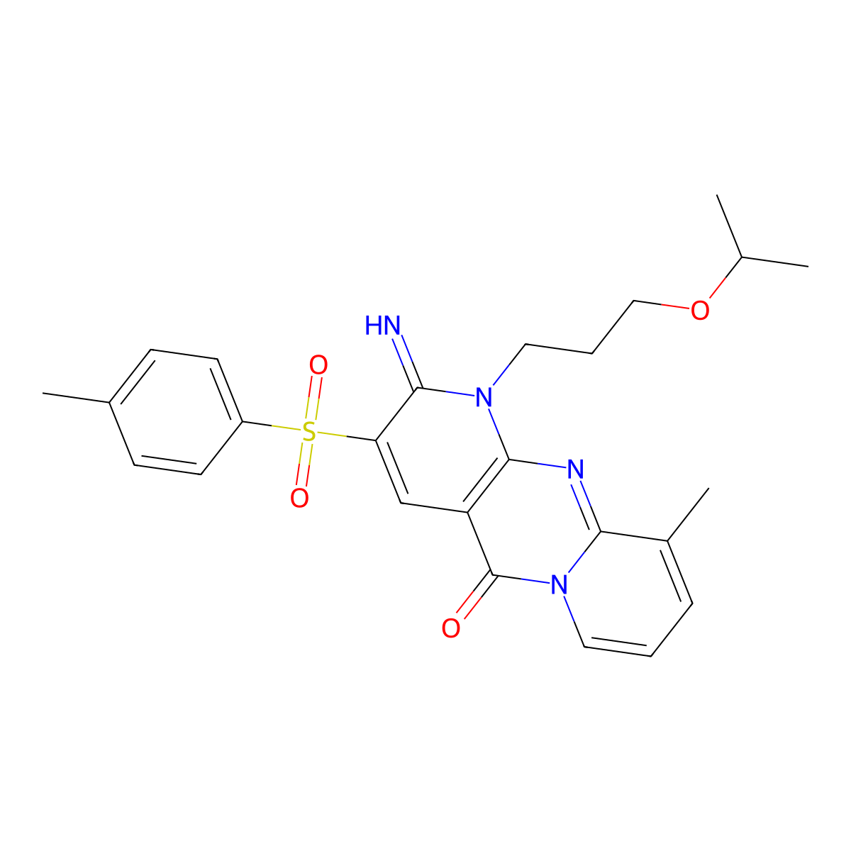 6-Imino-11-methyl-5-(4-methylbenzenesulfonyl)-7-[3-(propan-2-yloxy)propyl]-1,7,9-triazatricyclo[8.4.0.0^{3,8}]tetradeca-3(8),4,9,11,13-pentaen-2-one molecular structure, CAS 575466-48-7