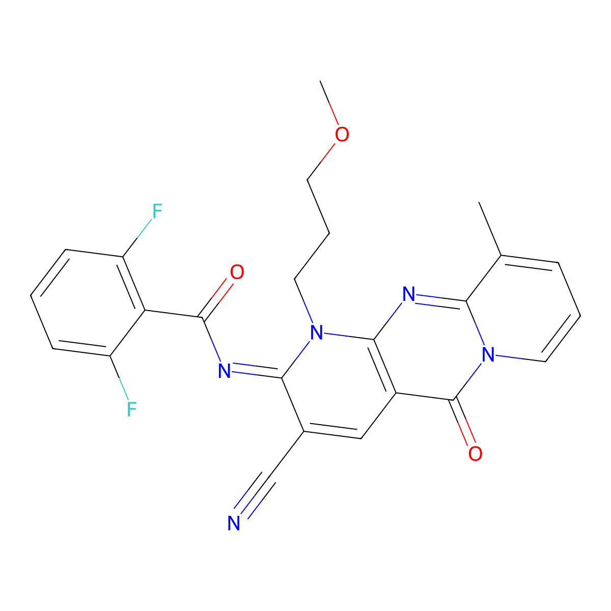 (E)-N-(3-cyano-1-(3-methoxypropyl)-10-methyl-5-oxo-1H-dipyrido[1,2-a:2',3'-d]pyrimidin-2(5H)-ylidene)-2,6-difluorobenzamide molecular structure, CAS 575467-91-3